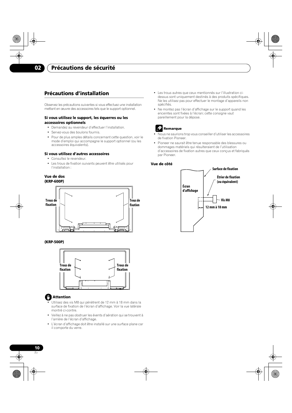 Précautions d’installation, Précautions de sécurité 02 | Pioneer KRP-600A User Manual | Page 134 / 345