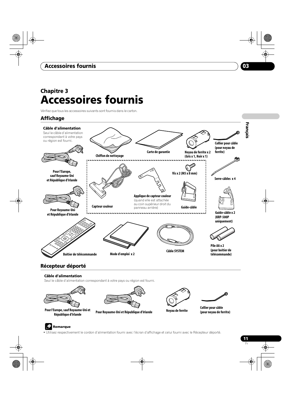 03 accessoires fournis, Affichage récepteur déporté, Accessoires fournis | Accessoires fournis 03, Chapitre 3 | Pioneer KRP-600A User Manual | Page 135 / 345
