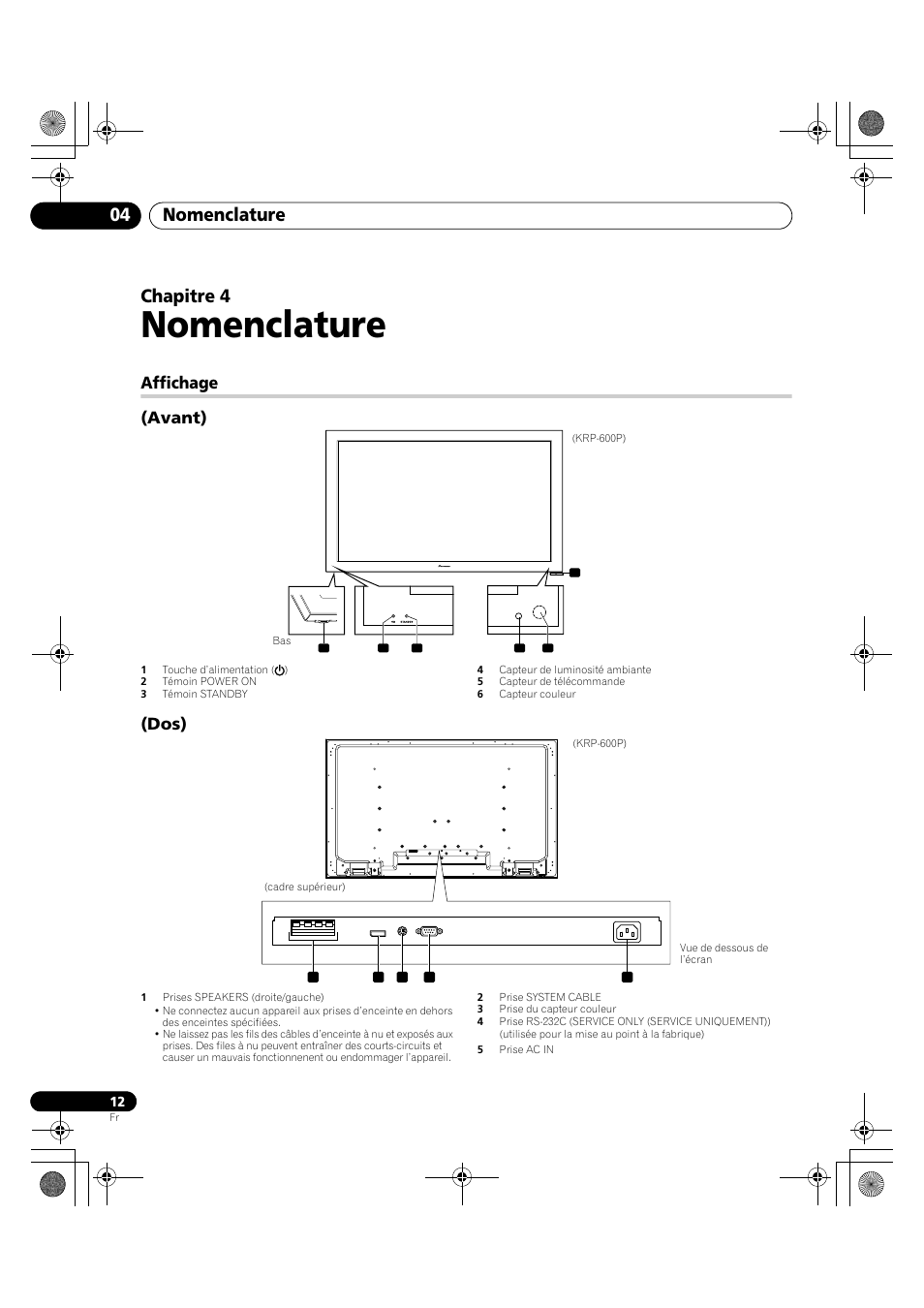 04 nomenclature, Affichage, Nomenclature | Nomenclature 04, Chapitre 4, Affichage (avant), Dos) | Pioneer KRP-600A User Manual | Page 136 / 345