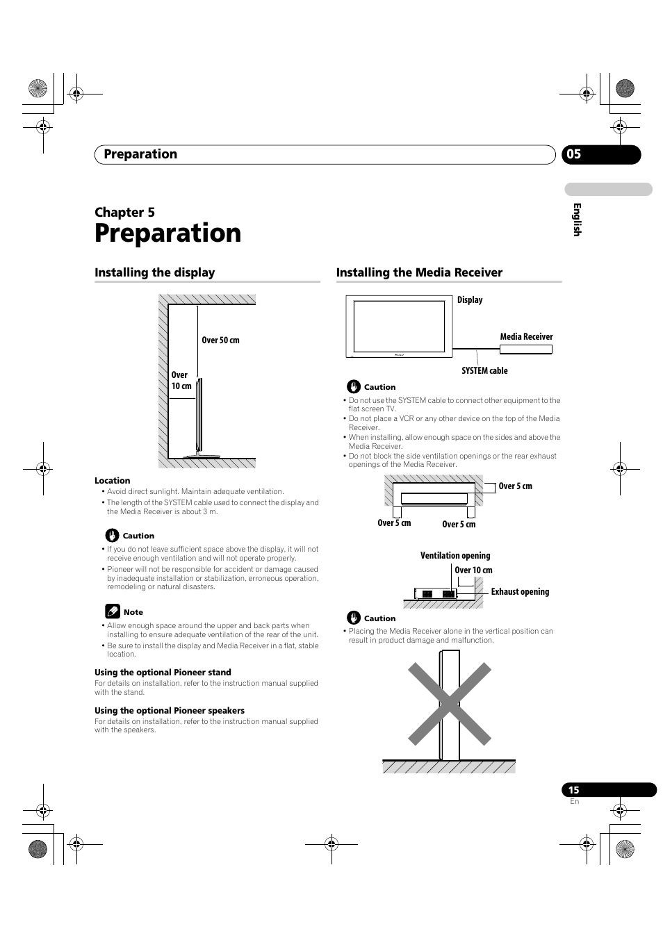 05 preparation, Preparation, Preparation 05 | Chapter 5, Installing the display, Installing the media receiver | Pioneer KRP-600A User Manual | Page 15 / 345
