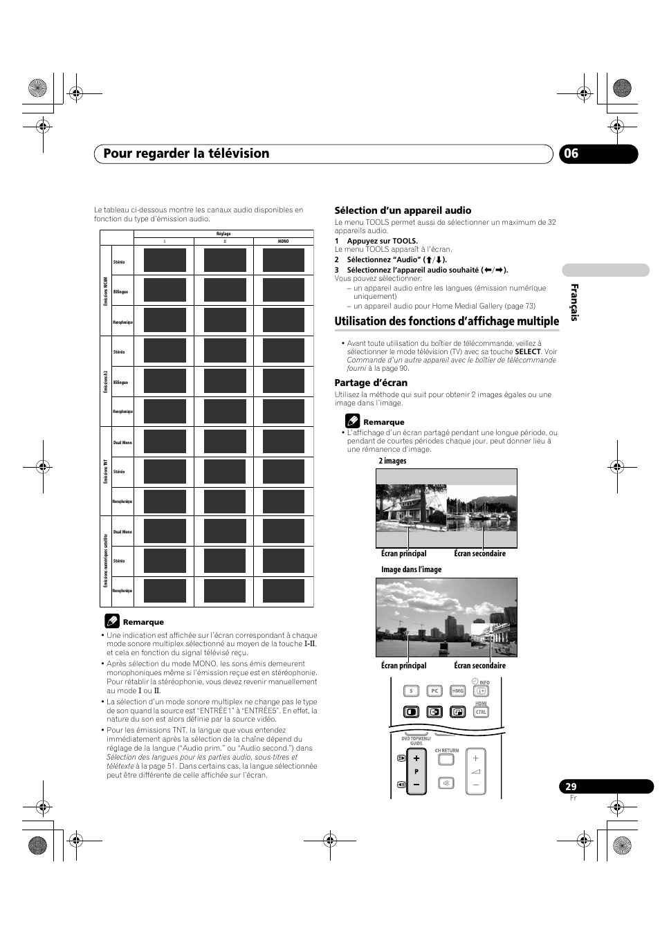 Utilisation des fonctions d’affichage multiple, Pour regarder la télévision 06, Français | Sélection d’un appareil audio, Partage d’écran | Pioneer KRP-600A User Manual | Page 153 / 345