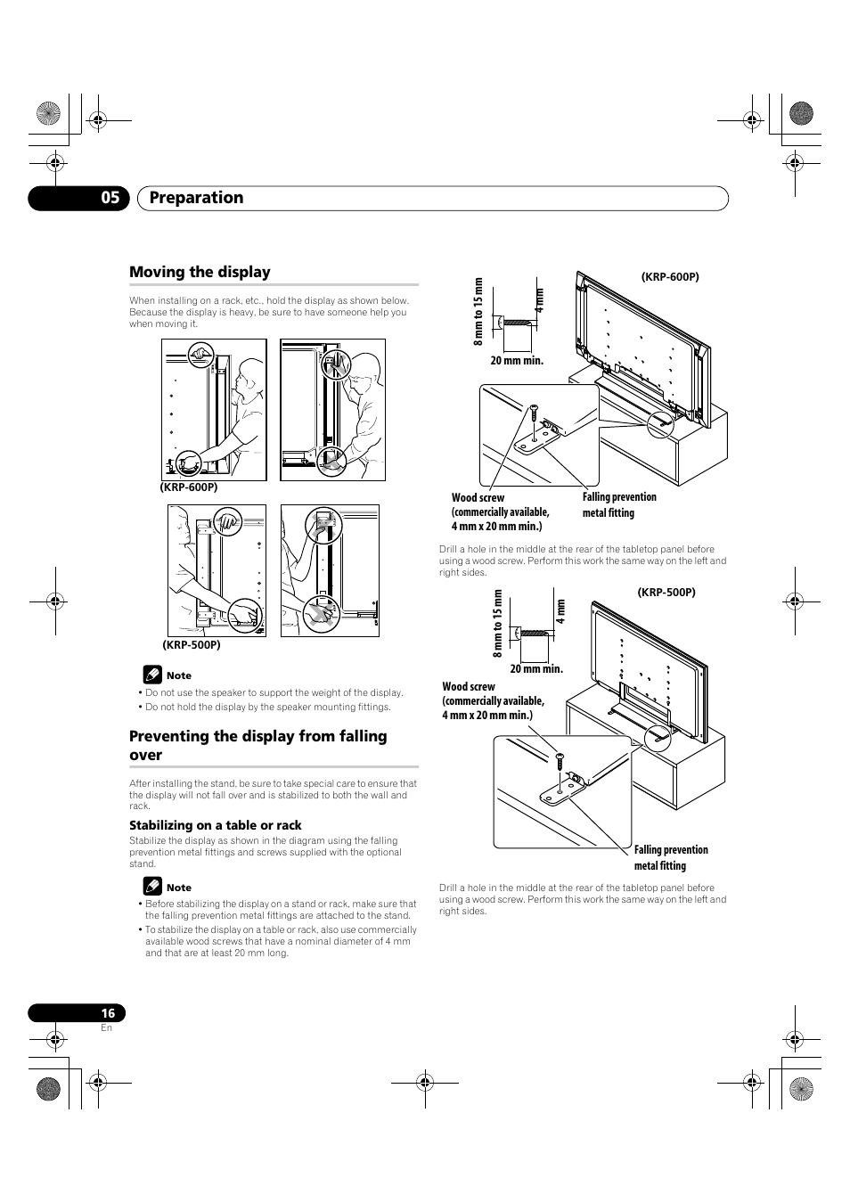 Preparation 05, Moving the display, Preventing the display from falling over | Pioneer KRP-600A User Manual | Page 16 / 345