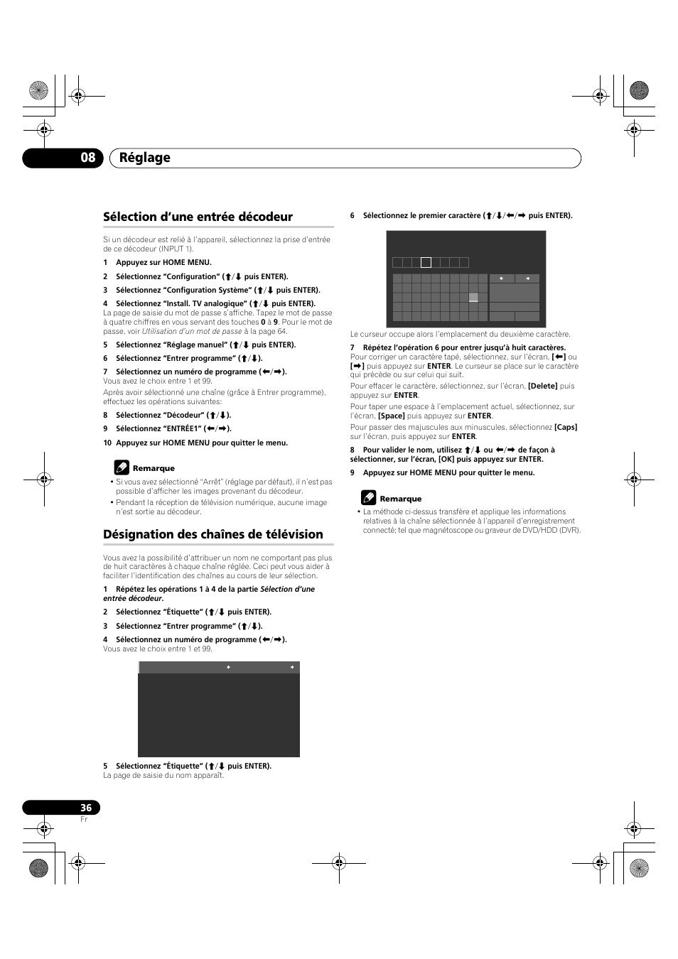 Réglage 08, Sélection d’une entrée décodeur, Désignation des chaînes de télévision | Pioneer KRP-600A User Manual | Page 160 / 345