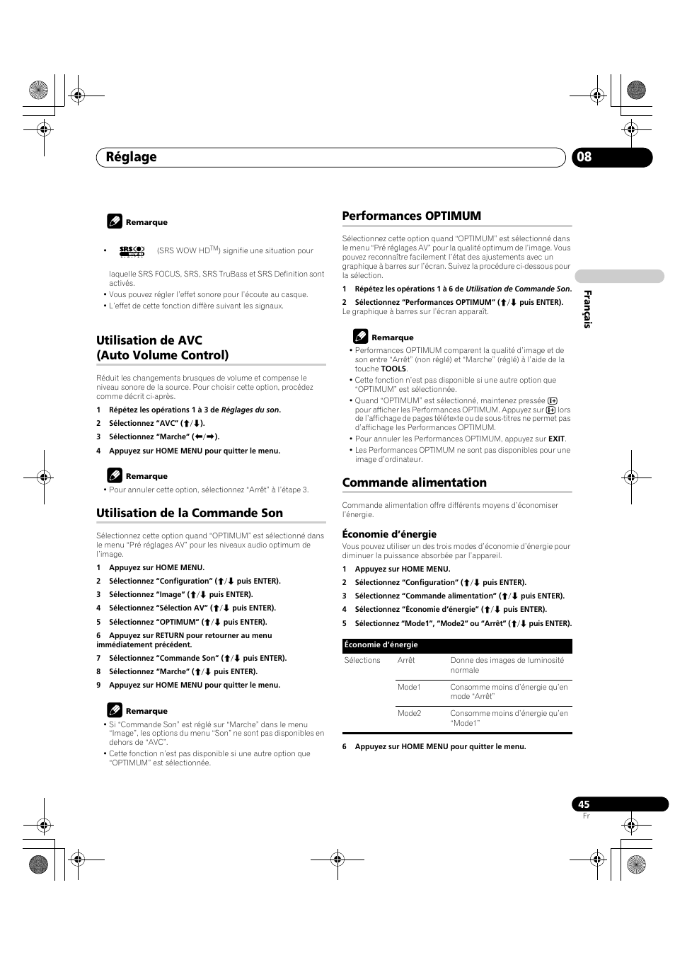 Utilisation de avc, Auto volume control), Réglage 08 | Utilisation de avc (auto volume control), Utilisation de la commande son, Performances optimum, Commande alimentation | Pioneer KRP-600A User Manual | Page 169 / 345