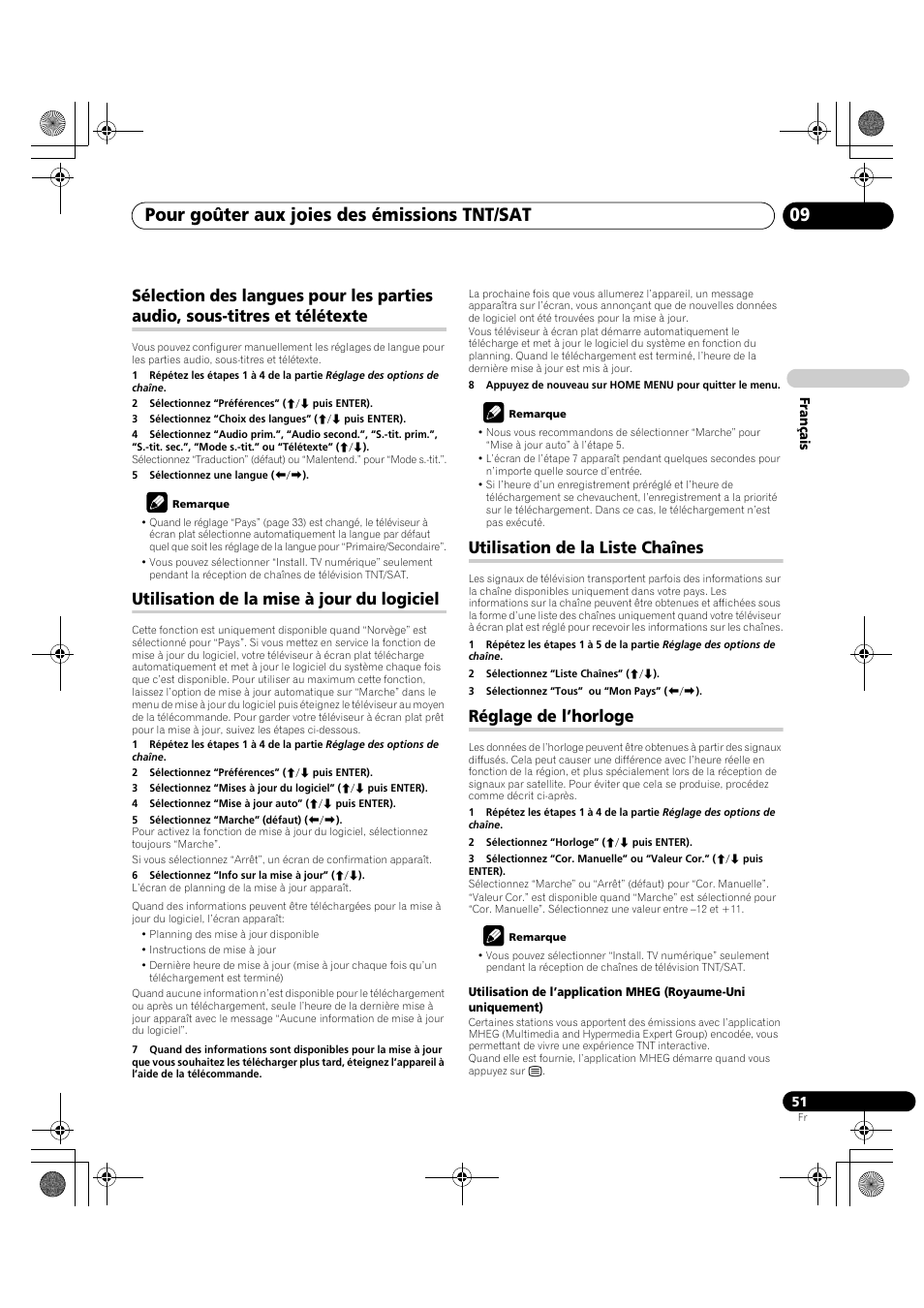 Sélection des langues pour les parties audio, Sous-titres et télétexte, Pour goûter aux joies des émissions tnt/sat 09 | Utilisation de la mise à jour du logiciel, Utilisation de la liste chaînes, Réglage de l’horloge | Pioneer KRP-600A User Manual | Page 175 / 345