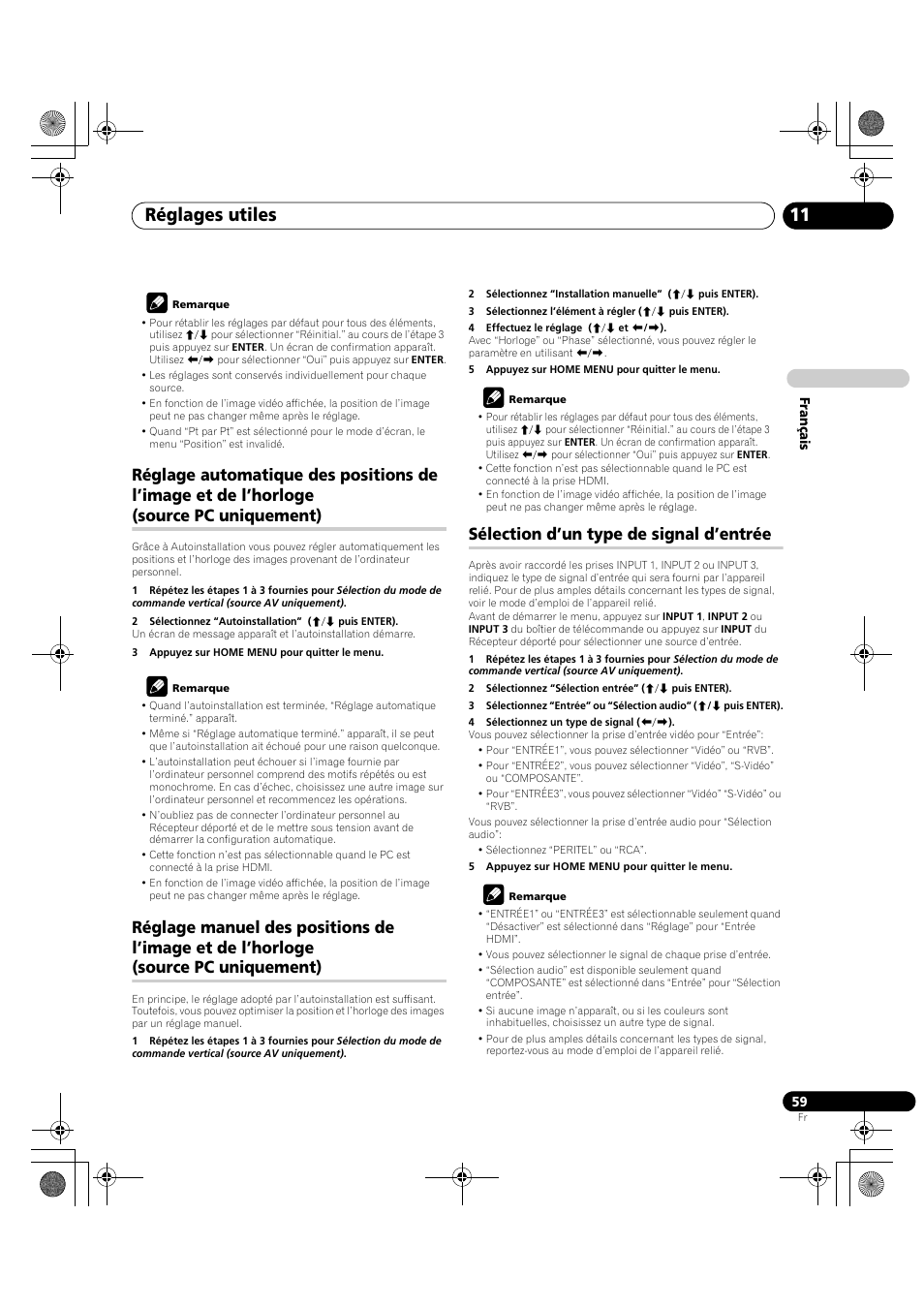 Réglage automatique des positions de l’image et de, L’horloge (source pc uniquement), Réglage manuel des positions de l’image et de | Sélection d’un type de signal d’entrée, Réglages utiles 11 | Pioneer KRP-600A User Manual | Page 183 / 345