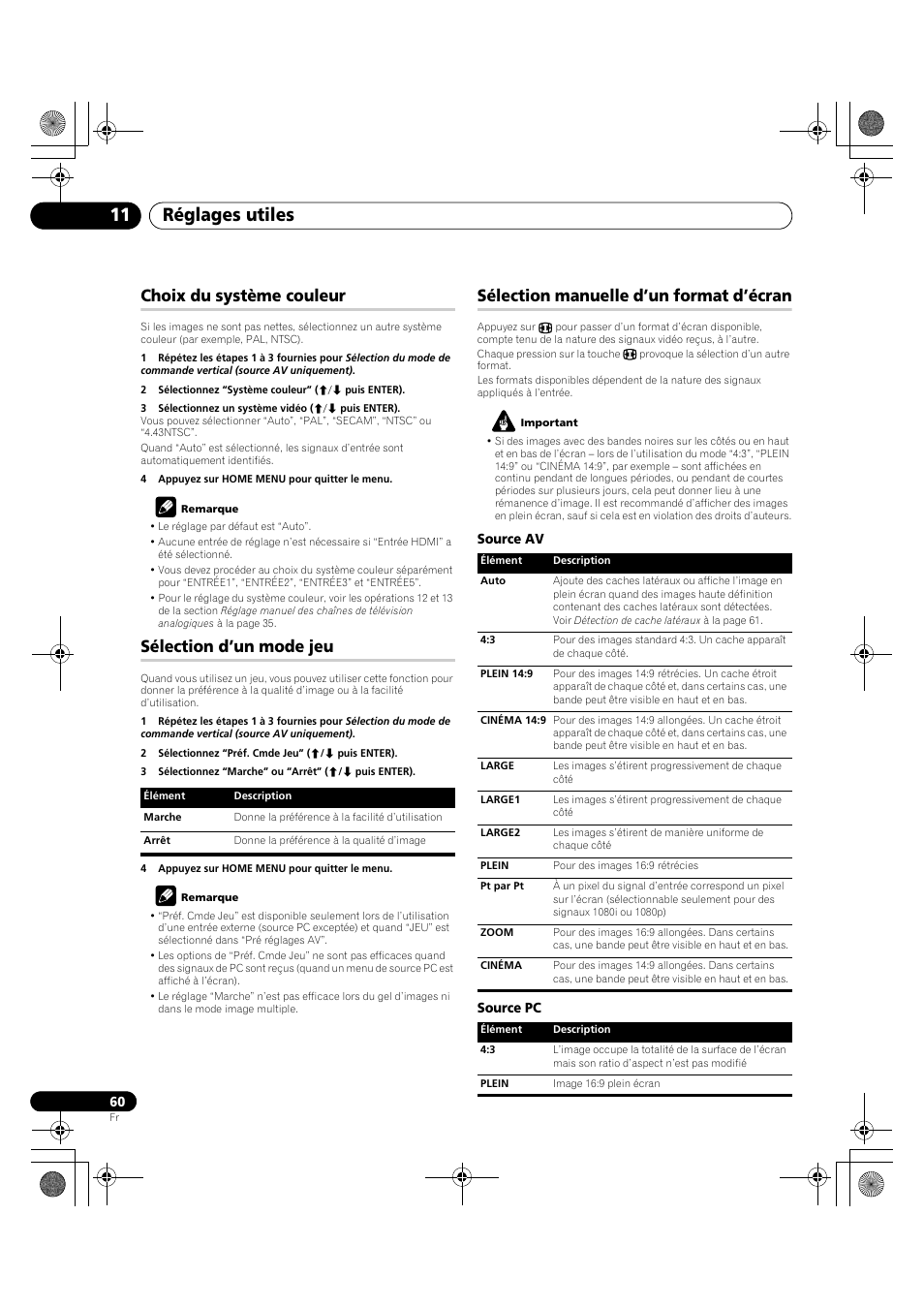 Réglages utiles 11, Choix du système couleur, Sélection d’un mode jeu | Sélection manuelle d’un format d’écran | Pioneer KRP-600A User Manual | Page 184 / 345