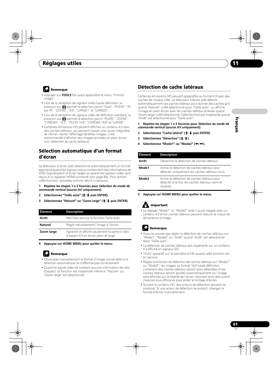 Réglages utiles 11, Sélection automatique d’un format d’écran, Détection de cache latéraux | Pioneer KRP-600A User Manual | Page 185 / 345