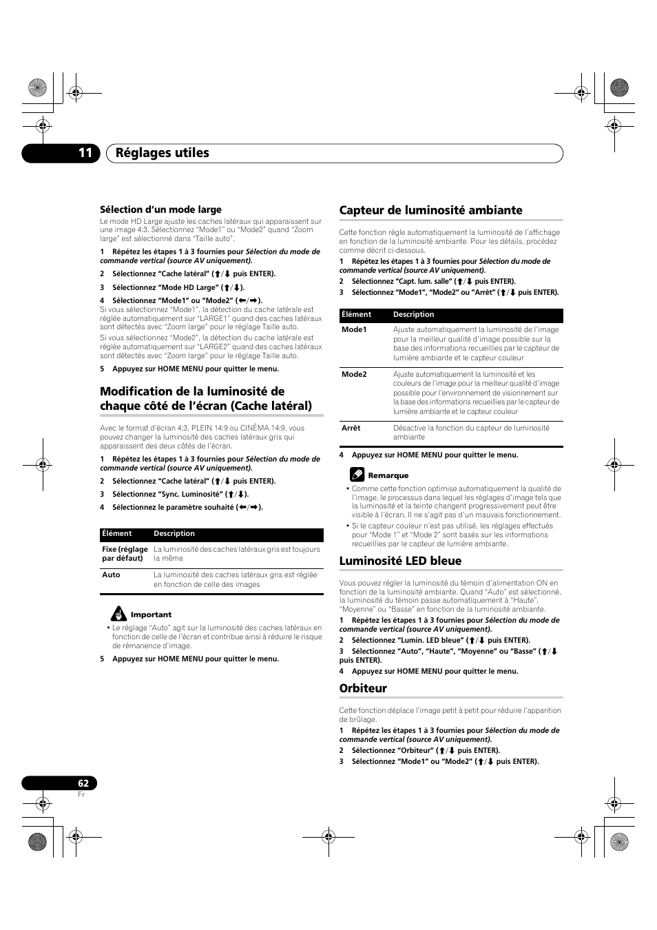Modification de la luminosité de chaque côté de, L’écran (cache latéral), Réglages utiles 11 | Capteur de luminosité ambiante, Luminosité led bleue, Orbiteur | Pioneer KRP-600A User Manual | Page 186 / 345