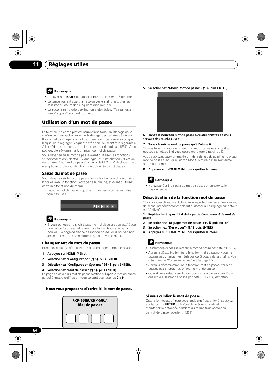 Utilisation d’un mot de passe, Réglages utiles 11 | Pioneer KRP-600A User Manual | Page 188 / 345