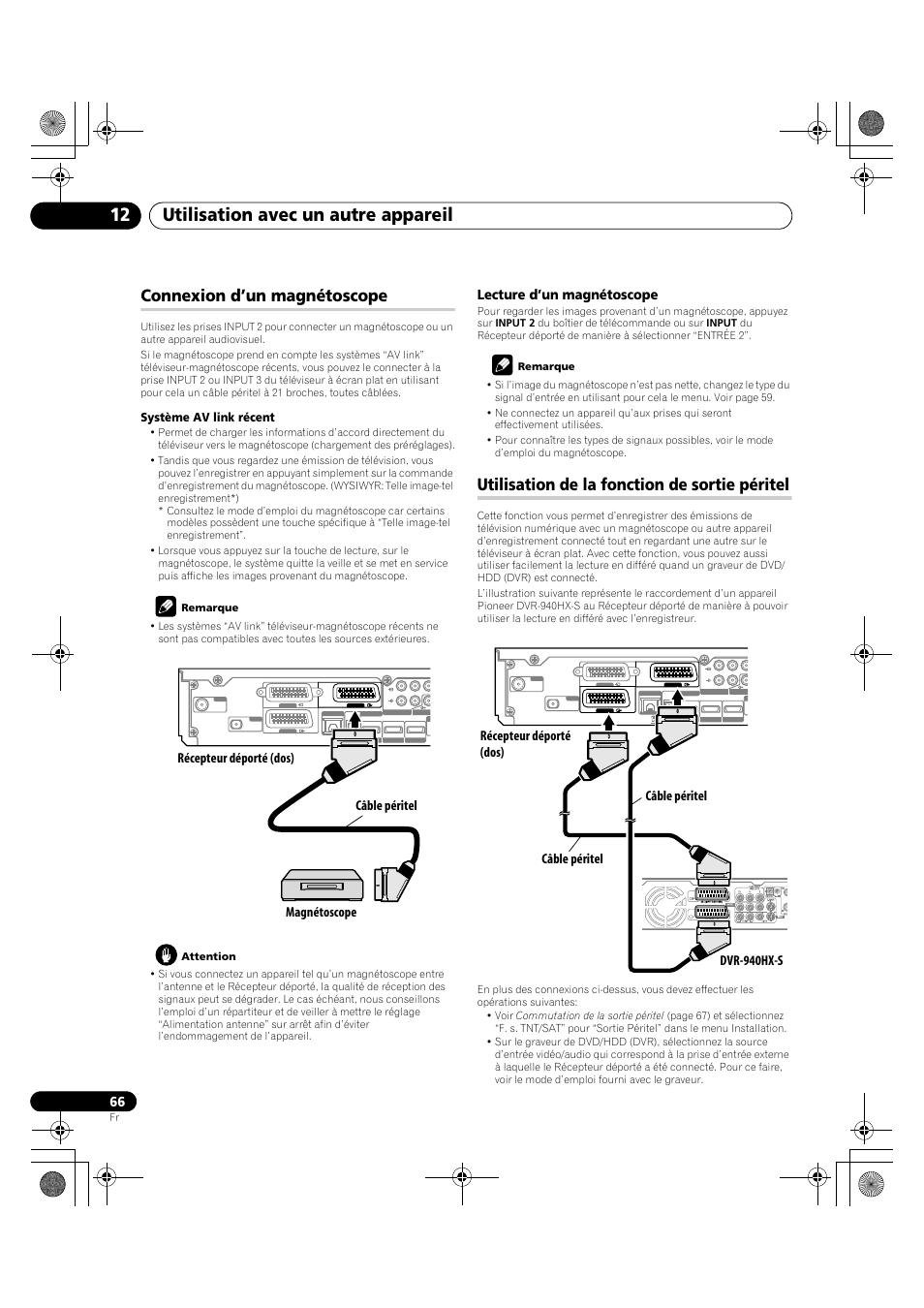 Utilisation avec un autre appareil 12, Connexion d’un magnétoscope, Utilisation de la fonction de sortie péritel | Lecture d’un magnétoscope, Câble péritel magnétoscope récepteur déporté (dos), Câble péritel, Câble péritel dvr-940hx-s récepteur déporté (dos), Système av link récent | Pioneer KRP-600A User Manual | Page 190 / 345