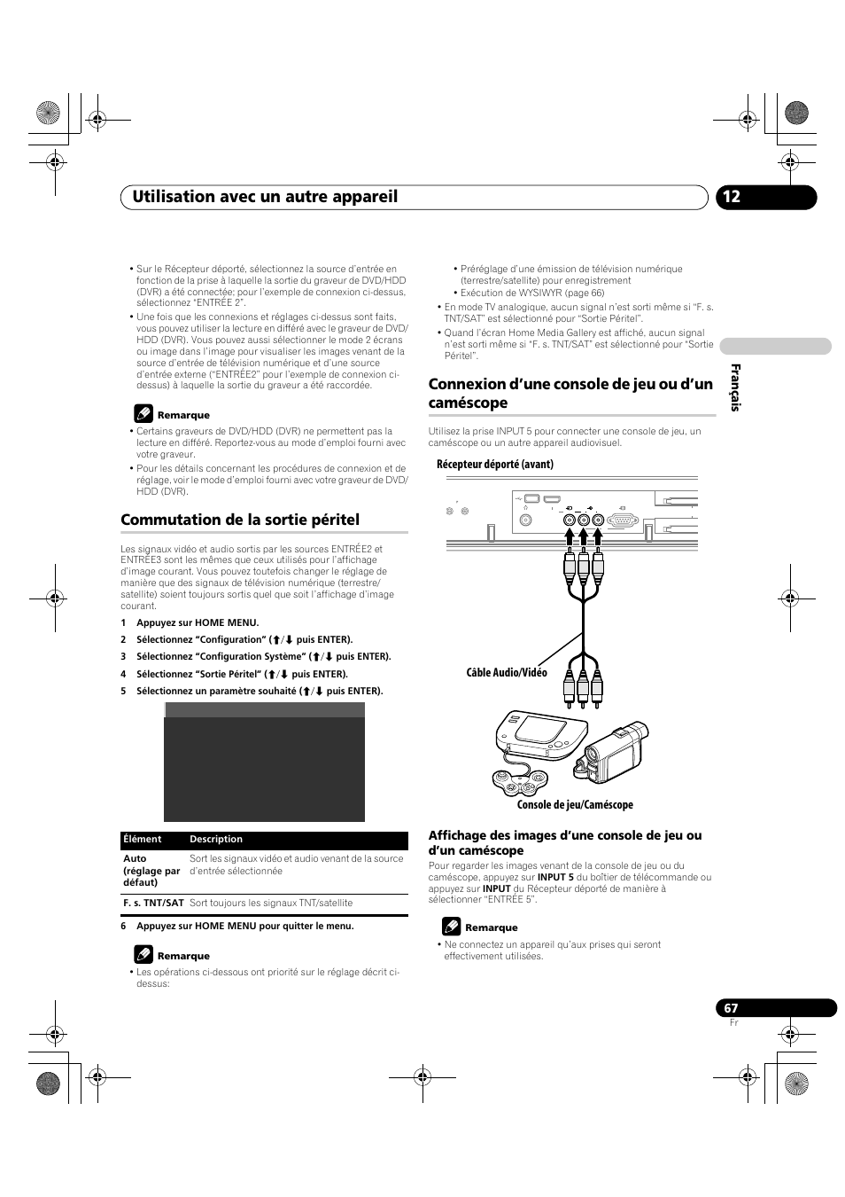 Caméscope, Utilisation avec un autre appareil 12, Commutation de la sortie péritel | Connexion d’une console de jeu ou d’un caméscope, Français | Pioneer KRP-600A User Manual | Page 191 / 345