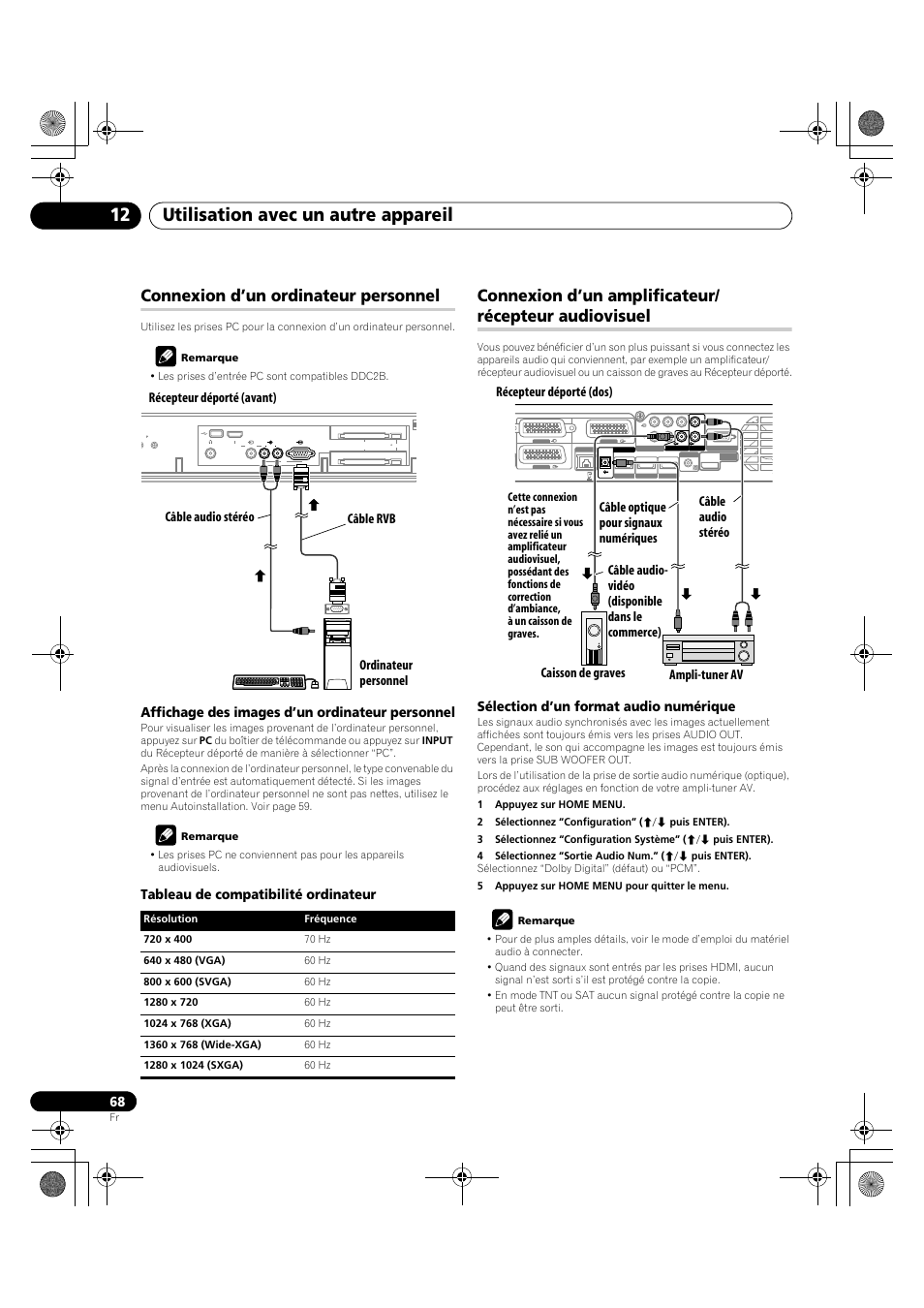 Audiovisuel, Utilisation avec un autre appareil 12, Connexion d’un ordinateur personnel | Affichage des images d’un ordinateur personnel, Tableau de compatibilité ordinateur, Sélection d’un format audio numérique | Pioneer KRP-600A User Manual | Page 192 / 345