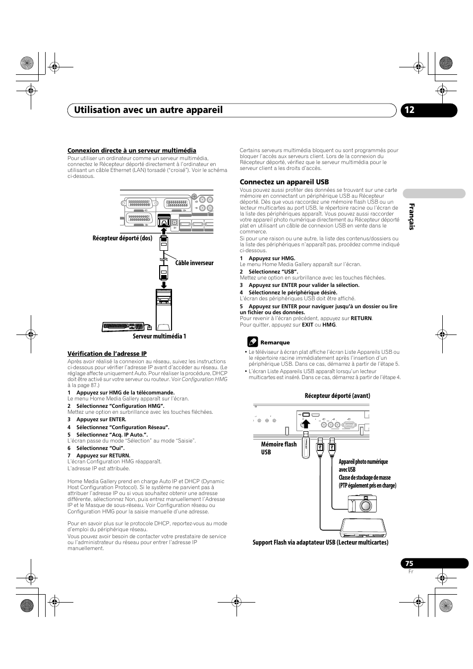 Utilisation avec un autre appareil 12, Français, Connectez un appareil usb | Connexion directe à un serveur multimédia, Vérification de l’adresse ip | Pioneer KRP-600A User Manual | Page 199 / 345