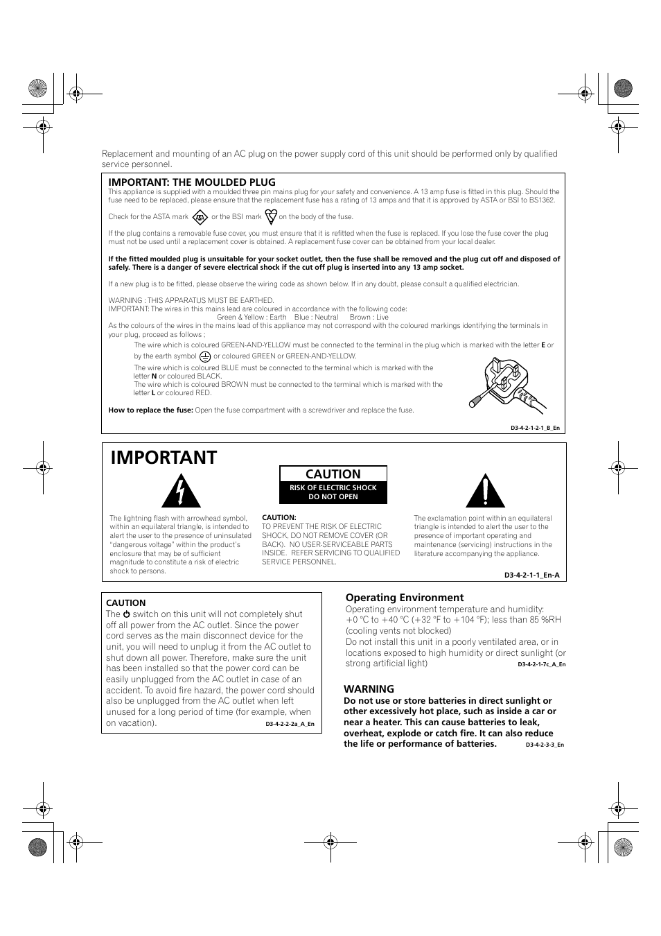 Important, Caution, Important: the moulded plug | Warning, Operating environment | Pioneer KRP-600A User Manual | Page 2 / 345