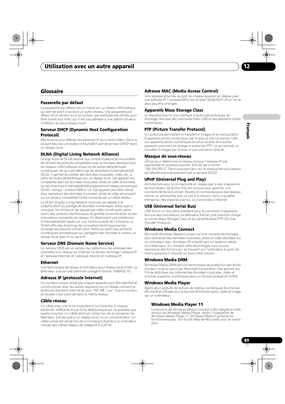 Glossaire, Utilisation avec un autre appareil 12 | Pioneer KRP-600A User Manual | Page 213 / 345