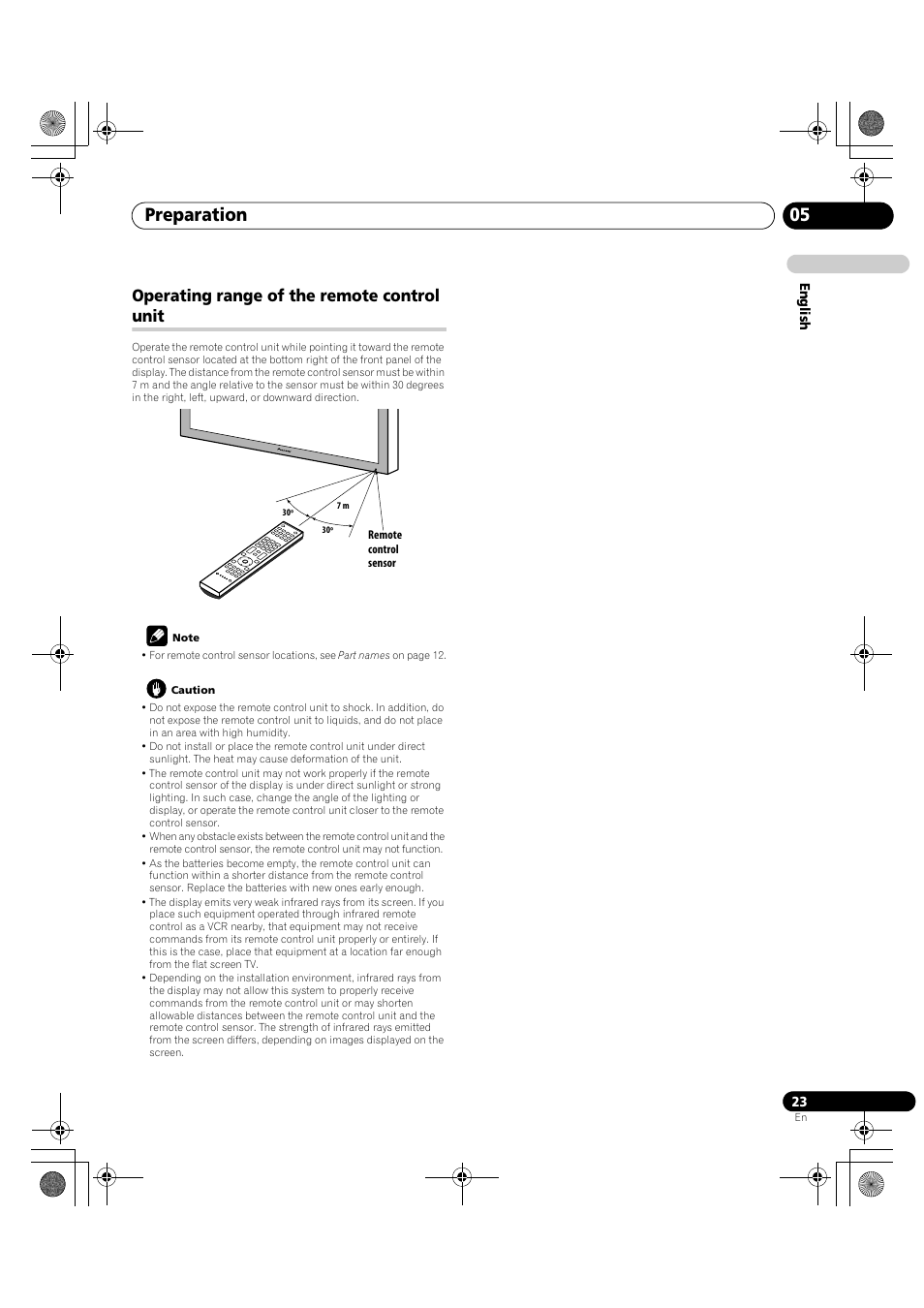 Operating range of the remote control unit, Preparation 05 | Pioneer KRP-600A User Manual | Page 23 / 345