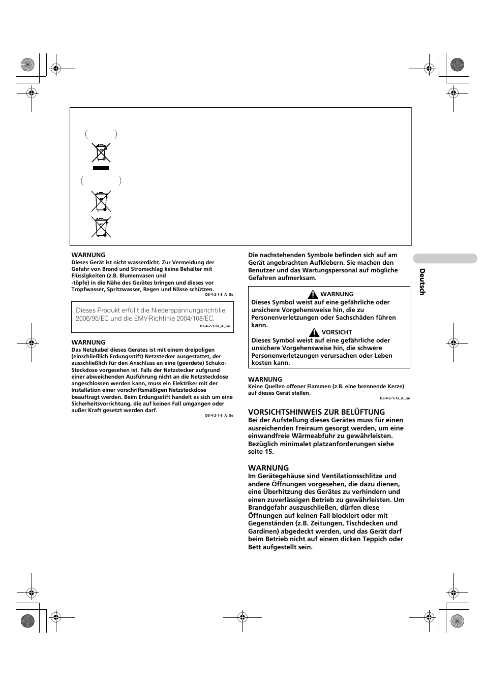 Vorsichtshinweis zur belüftung, Warnung, De utsch | Pioneer KRP-600A User Manual | Page 237 / 345