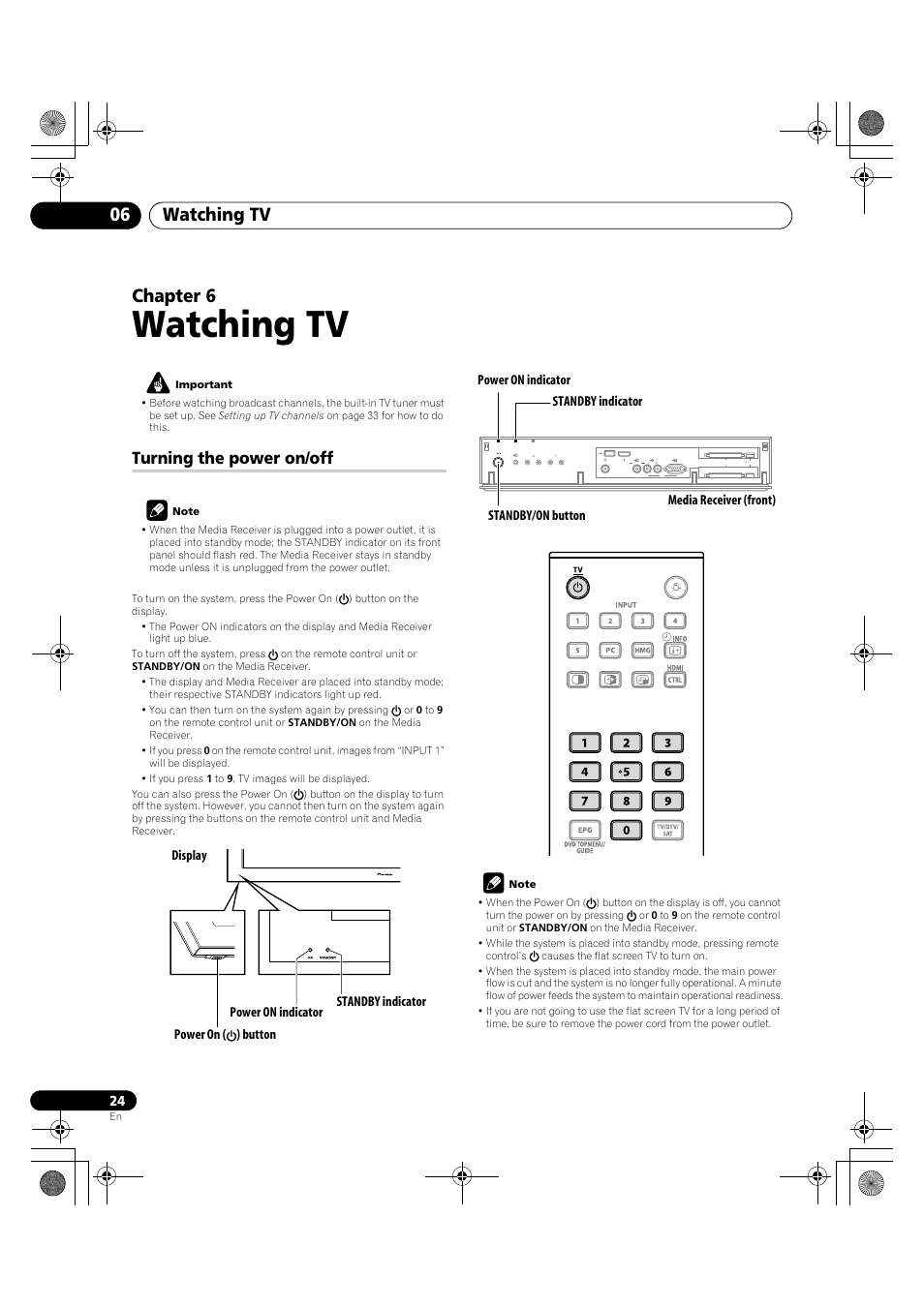 06 watching tv, Turning the power on/off, Watching tv | Watching tv 06, Chapter 6, Power on | Pioneer KRP-600A User Manual | Page 24 / 345