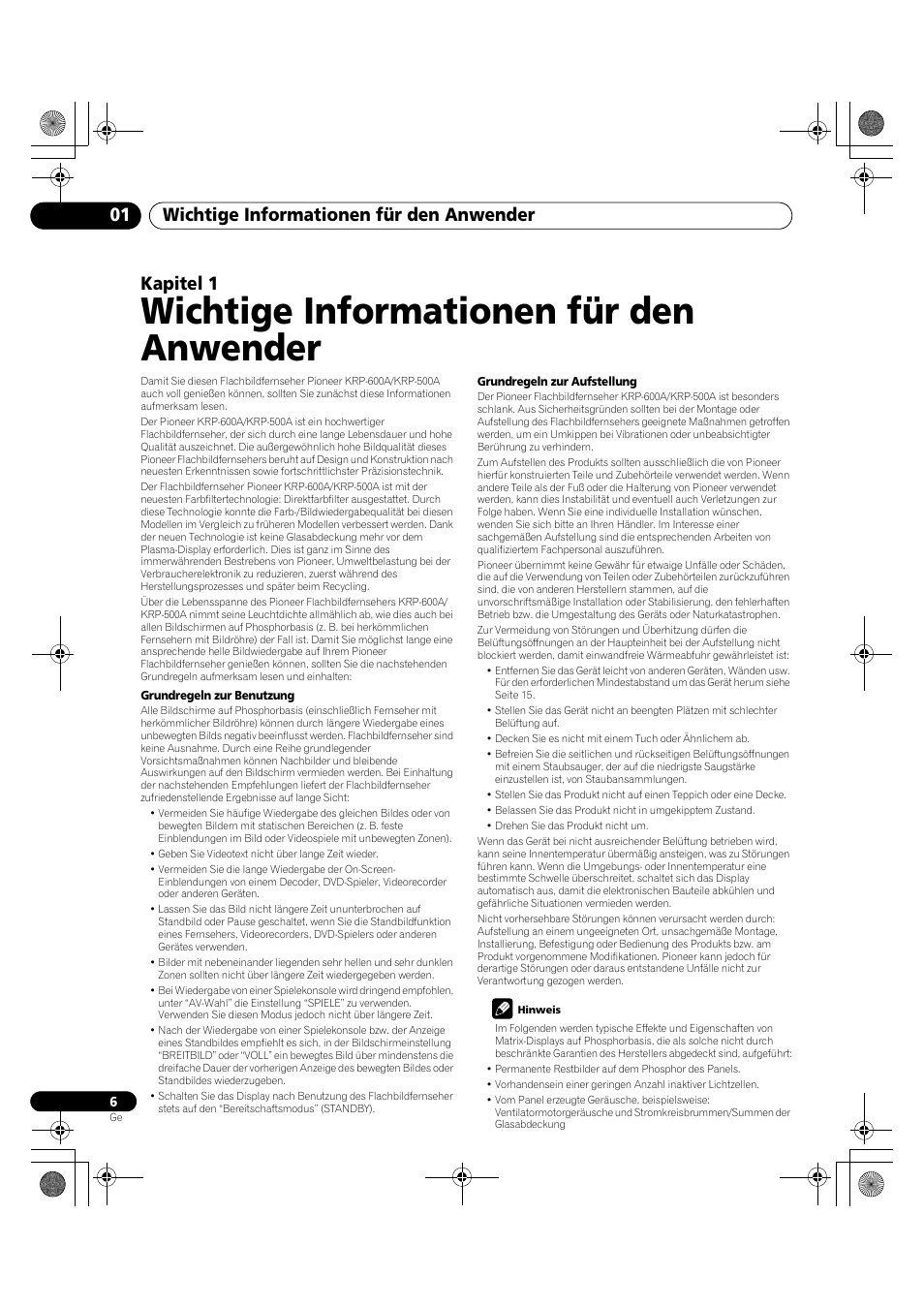 01 wichtige informationen für den, Anwender, Wichtige informationen für den anwender | Wichtige informationen für den anwender 01, Kapitel 1 | Pioneer KRP-600A User Manual | Page 240 / 345