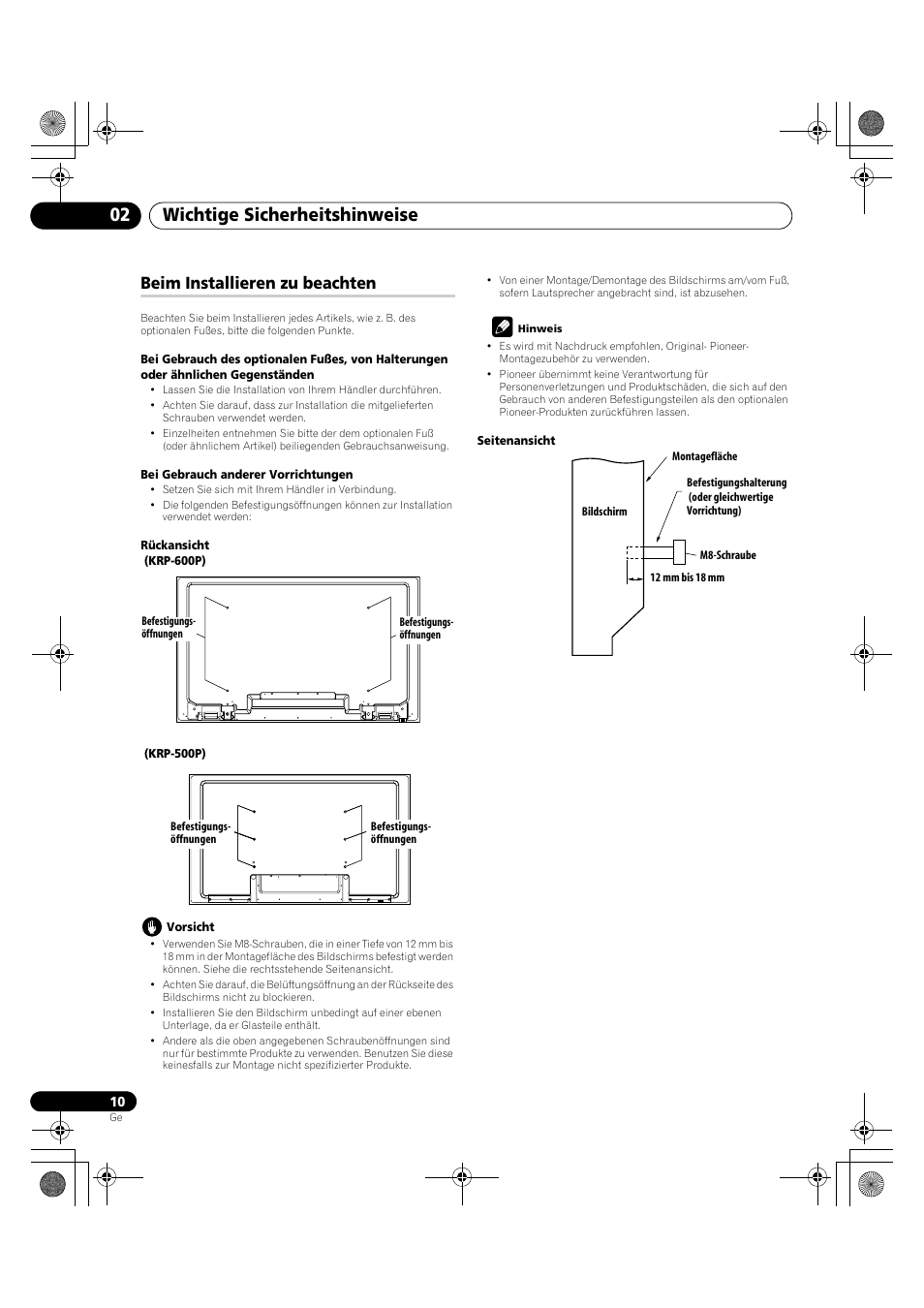 Beim installieren zu beachten, Wichtige sicherheitshinweise 02 | Pioneer KRP-600A User Manual | Page 244 / 345