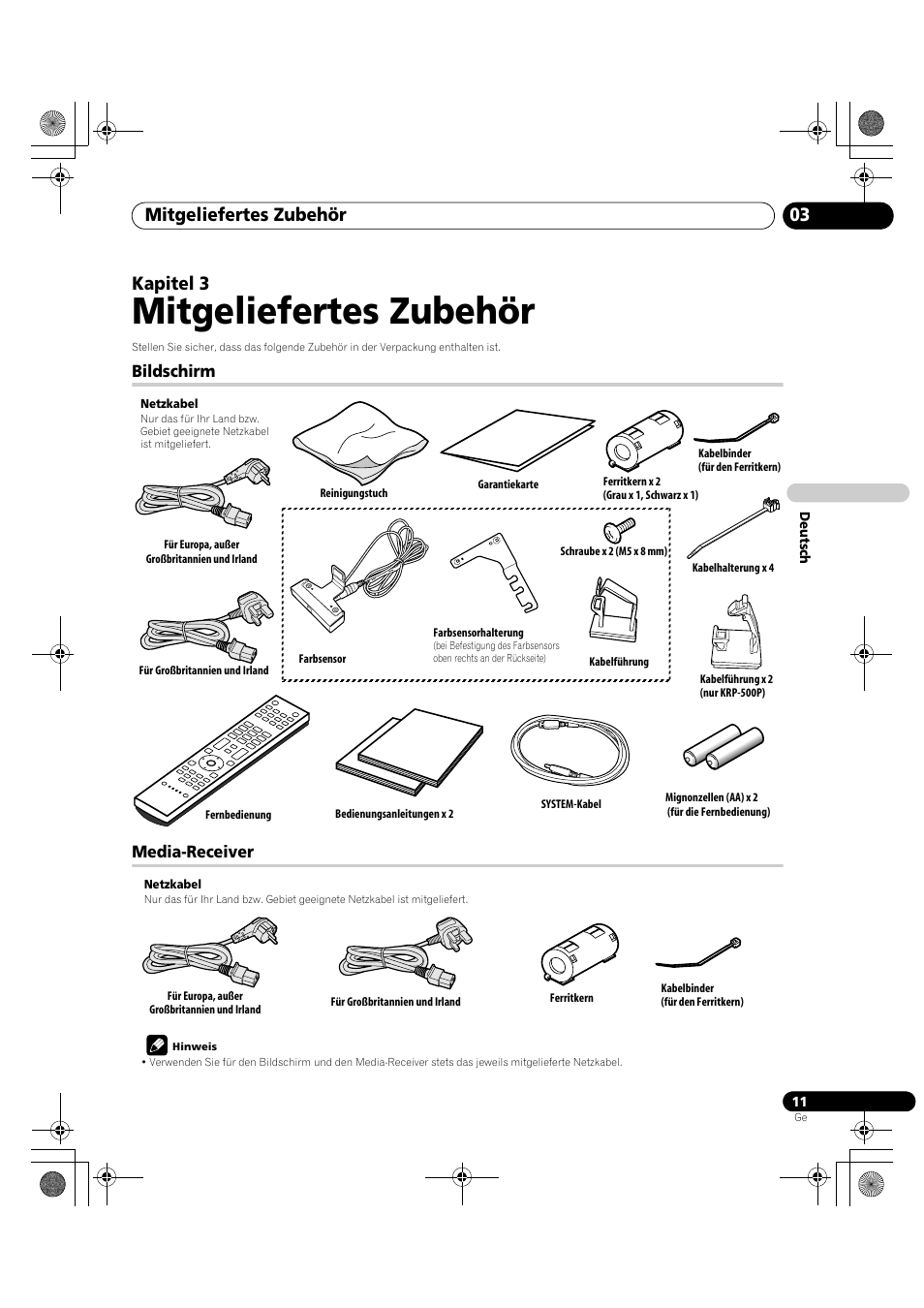 03 mitgeliefertes zubehör, Bildschirm media-receiver, Mitgeliefertes zubehör | Mitgeliefertes zubehör 03, Kapitel 3 | Pioneer KRP-600A User Manual | Page 245 / 345