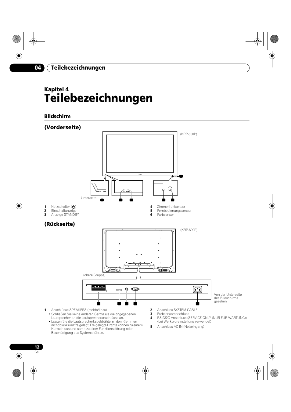 04 teilebezeichnungen, Bildschirm, Teilebezeichnungen | Teilebezeichnungen 04, Kapitel 4, Bildschirm (vorderseite), Rückseite) | Pioneer KRP-600A User Manual | Page 246 / 345