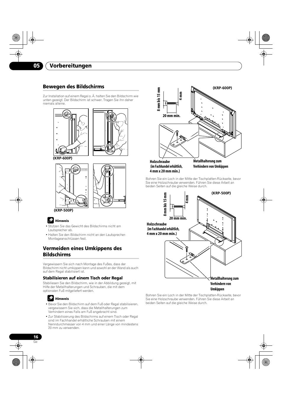 Vorbereitungen 05, Bewegen des bildschirms, Vermeiden eines umkippens des bildschirms | Pioneer KRP-600A User Manual | Page 250 / 345