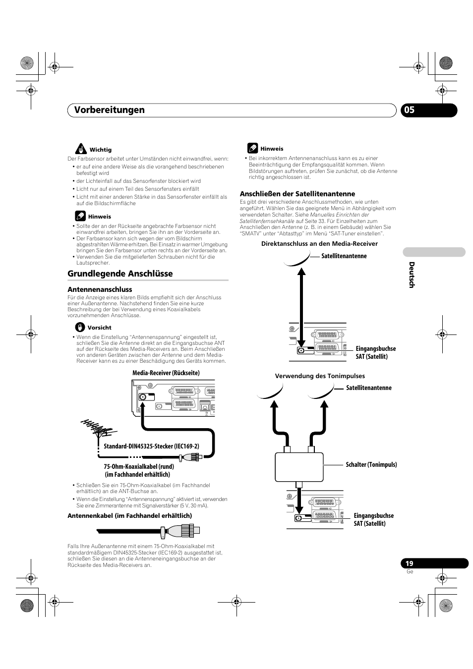 Grundlegende anschlüsse, Vorbereitungen 05, De utsch | Antennenanschluss, Anschließen der satellitenantenne, Satellitenantenne eingangsbuchse sat (satellit) | Pioneer KRP-600A User Manual | Page 253 / 345