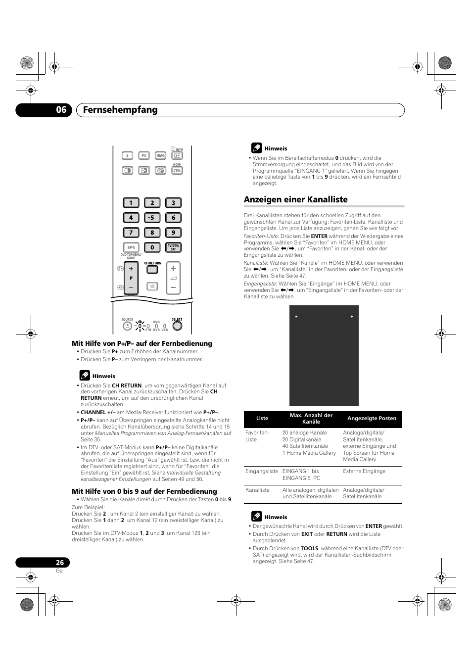 Anzeigen einer kanalliste, Fernsehempfang 06 | Pioneer KRP-600A User Manual | Page 260 / 345