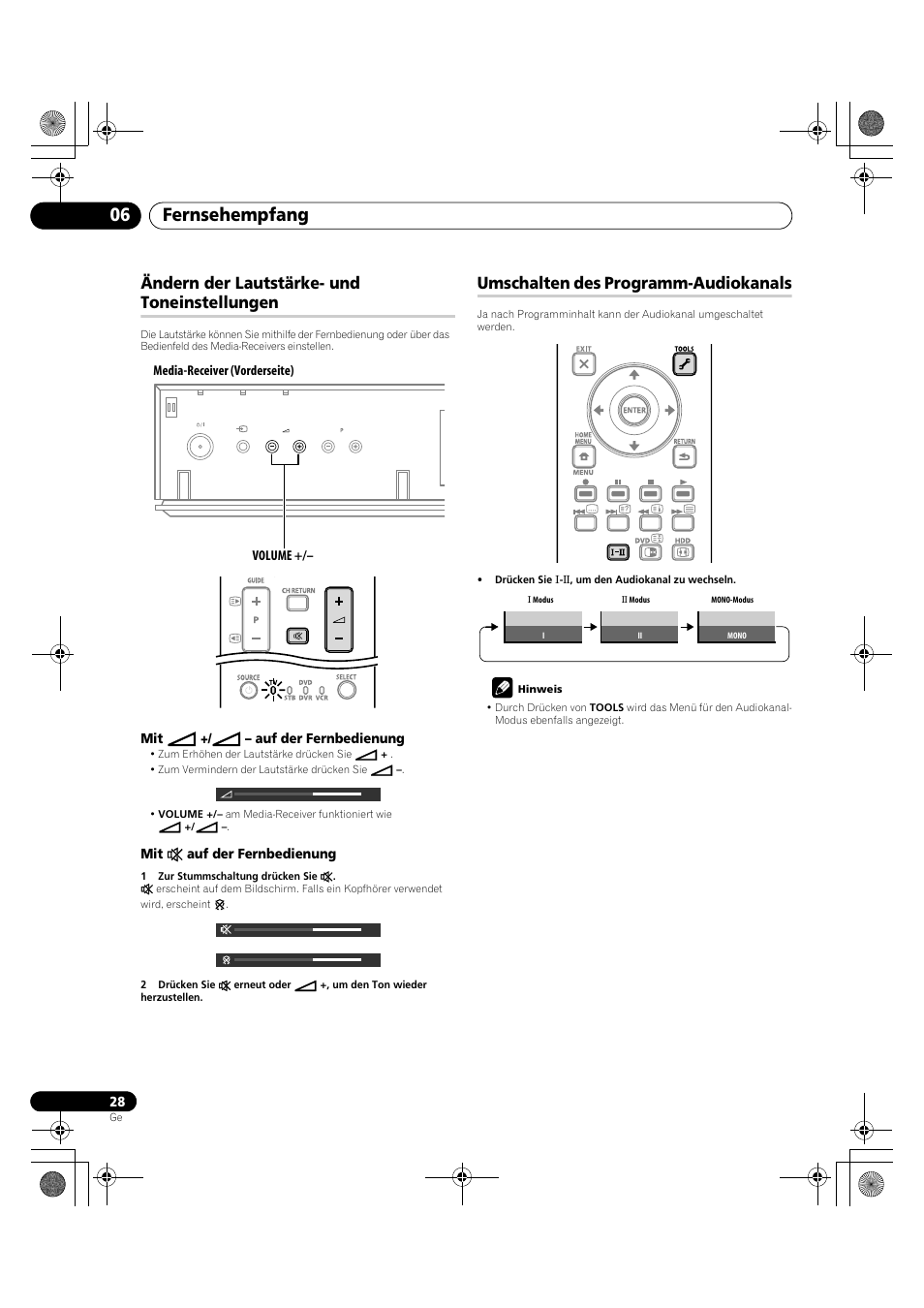 Fernsehempfang 06, Ändern der lautstärke- und toneinstellungen, Umschalten des programm-audiokanals | Mit i +/ i – auf der fernbedienung, Mit e auf der fernbedienung, Media-receiver (vorderseite) volume | Pioneer KRP-600A User Manual | Page 262 / 345