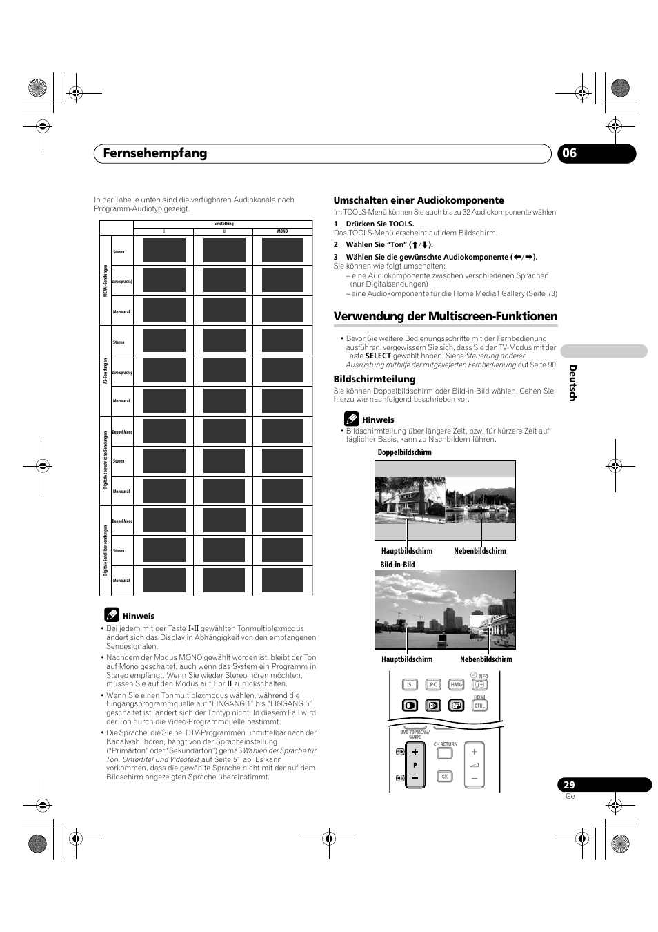 Verwendung der multiscreen-funktionen, Fernsehempfang 06, De utsch | Umschalten einer audiokomponente, Bildschirmteilung | Pioneer KRP-600A User Manual | Page 263 / 345