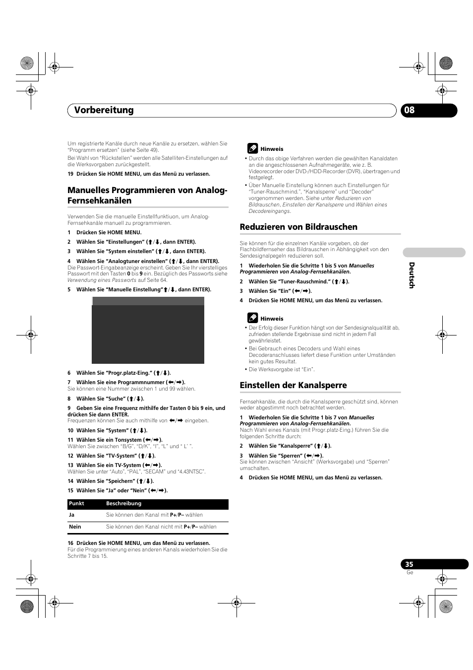 Manuelles programmieren von, Analog-fernsehkanälen, Vorbereitung 08 | Manuelles programmieren von analog- fernsehkanälen, Reduzieren von bildrauschen, Einstellen der kanalsperre | Pioneer KRP-600A User Manual | Page 269 / 345