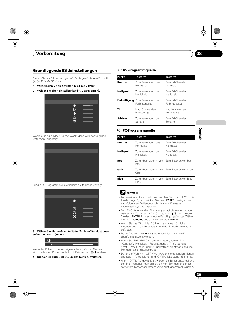 Grundlegende bildeinstellungen, Vorbereitung 08 | Pioneer KRP-600A User Manual | Page 273 / 345