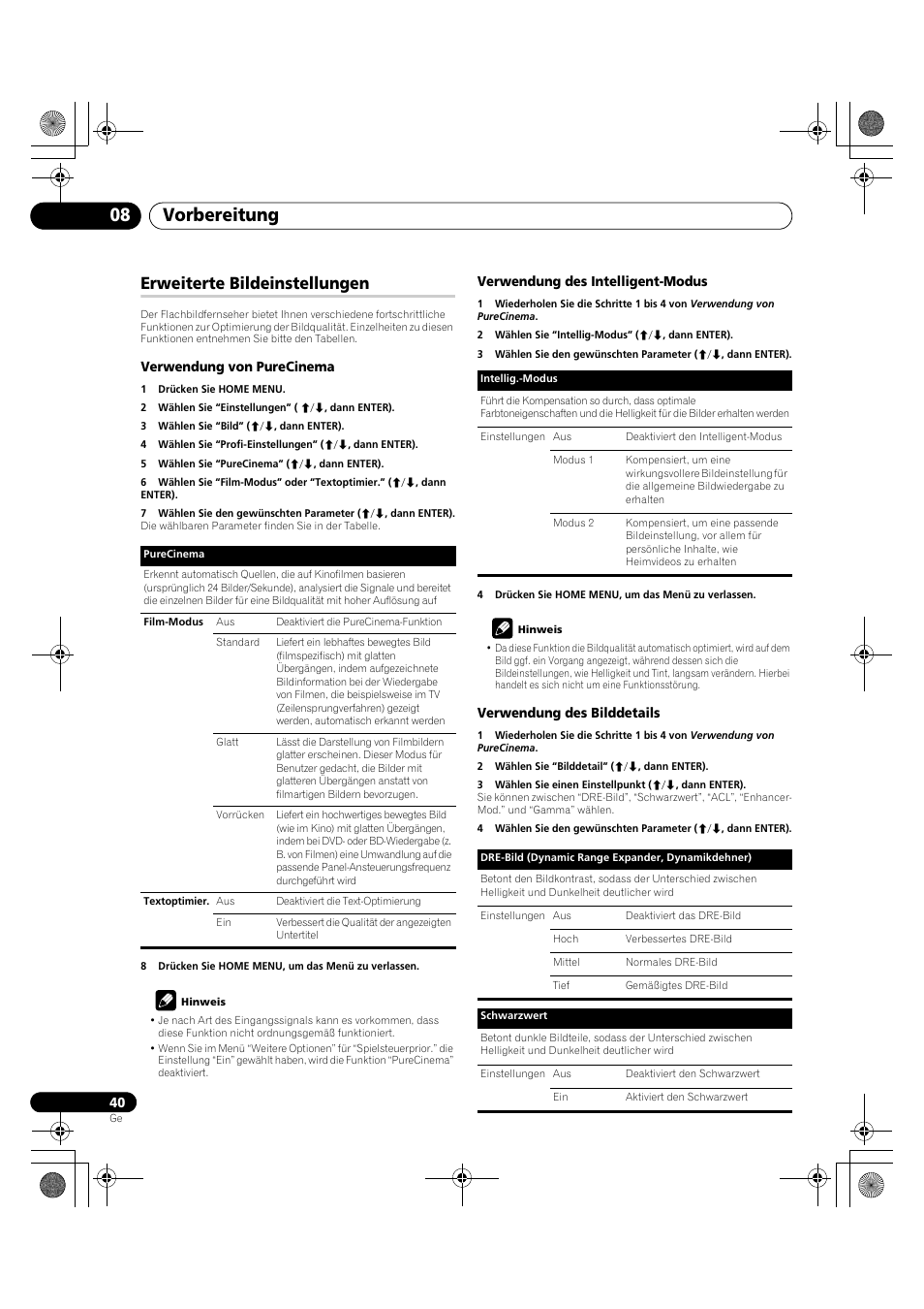 Erweiterte bildeinstellungen, Vorbereitung 08 | Pioneer KRP-600A User Manual | Page 274 / 345