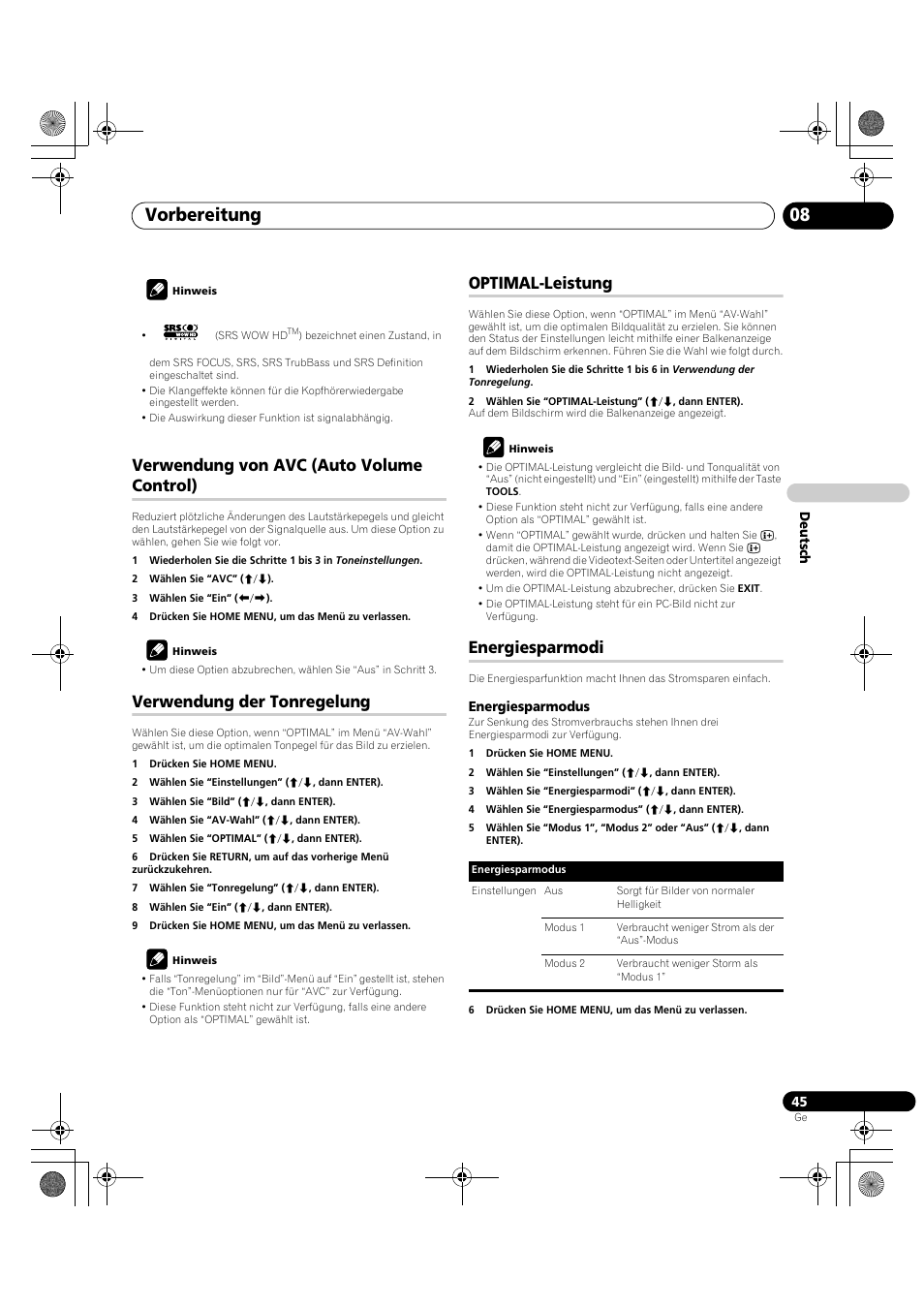 Vorbereitung 08, Verwendung von avc (auto volume control), Verwendung der tonregelung | Optimal-leistung, Energiesparmodi | Pioneer KRP-600A User Manual | Page 279 / 345