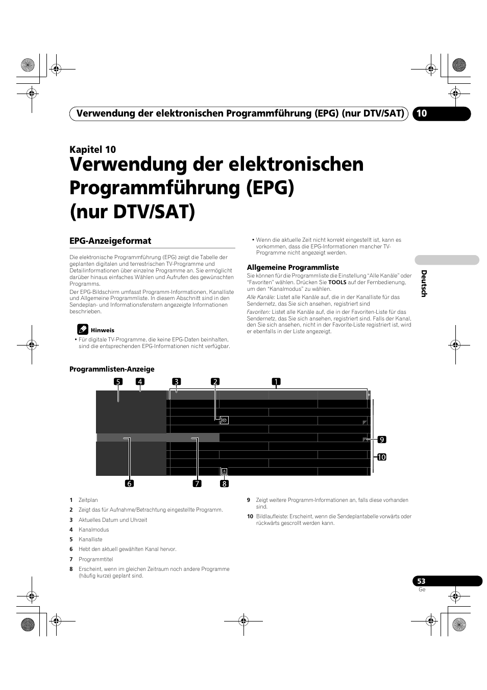 10 verwendung der elektronischen, Programmführung (epg) (nur dtv/sat), Epg-anzeigeformat | Kapitel 10 | Pioneer KRP-600A User Manual | Page 287 / 345