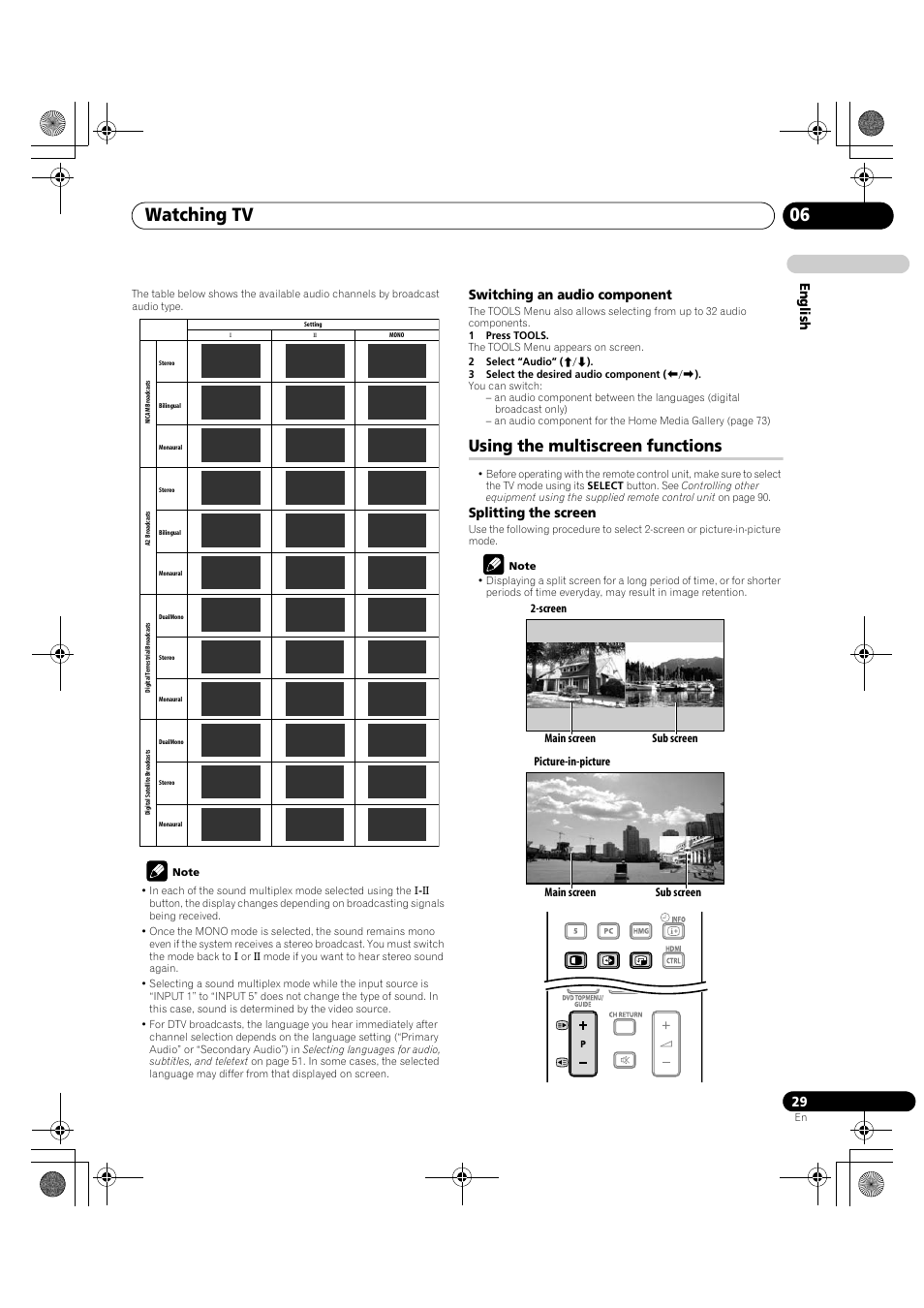 Using the multiscreen functions, Watching tv 06, En glish | Switching an audio component, Splitting the screen | Pioneer KRP-600A User Manual | Page 29 / 345