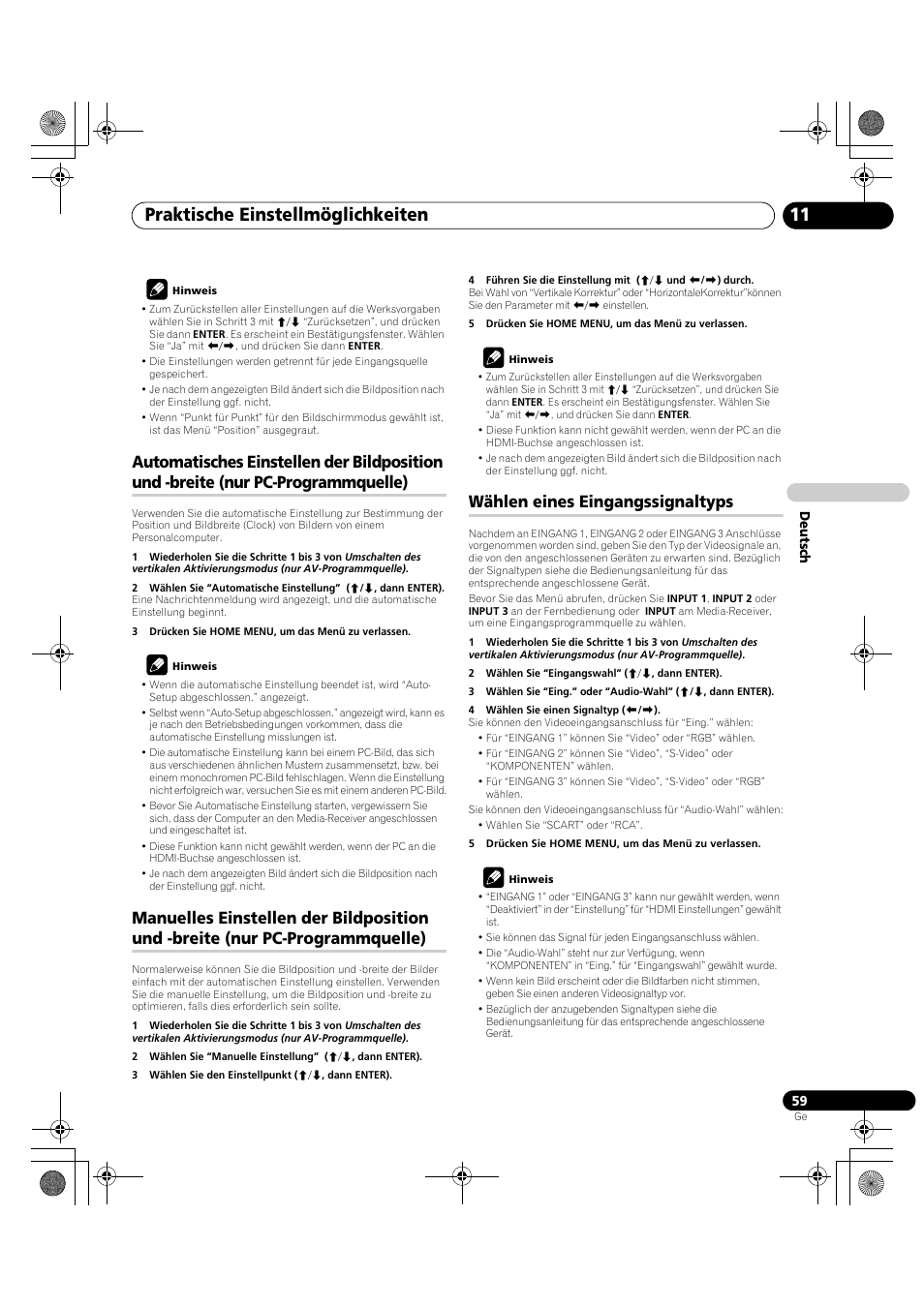 Automatisches einstellen der bildposition, Und -breite (nur pc-programmquelle), Manuelles einstellen der bildposition und -breite | Nur pc-programmquelle), Wählen eines eingangssignaltyps, Praktische einstellmöglichkeiten 11 | Pioneer KRP-600A User Manual | Page 293 / 345