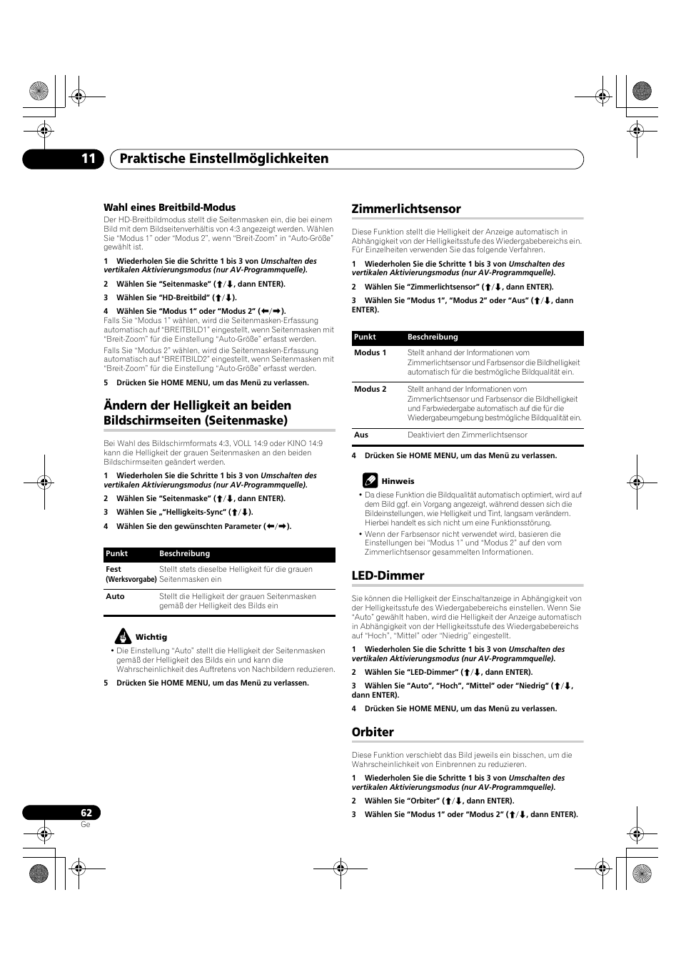 Ändern der helligkeit an beiden bildschirmseiten, Seitenmaske), Zimmerlichtsensor led-dimmer orbiter | Praktische einstellmöglichkeiten 11, Zimmerlichtsensor, Led-dimmer, Orbiter | Pioneer KRP-600A User Manual | Page 296 / 345