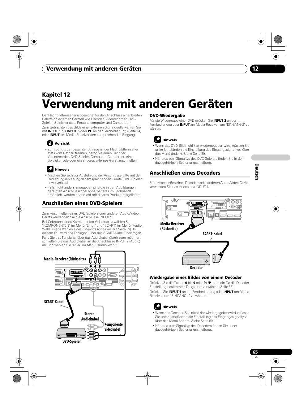 12 verwendung mit anderen, Geräten, Verwendung mit anderen geräten | Verwendung mit anderen geräten 12, Kapitel 12, Anschließen eines dvd-spielers, Anschließen eines decoders, De utsch, Dvd-wiedergabe, Wiedergabe eines bildes von einem decoder | Pioneer KRP-600A User Manual | Page 299 / 345