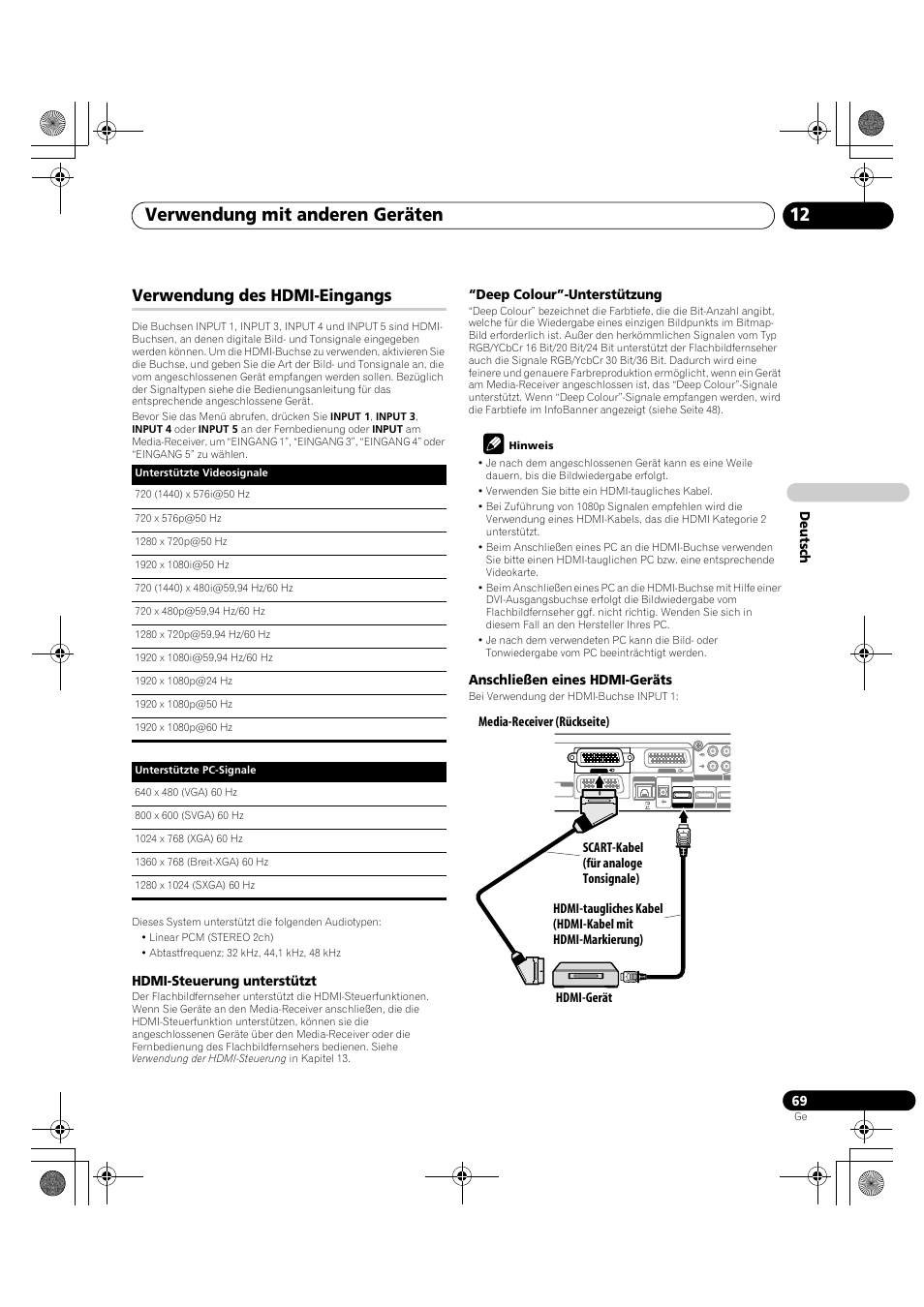 Verwendung des hdmi-eingangs, Verwendung mit anderen geräten 12, De utsch | Hdmi-steuerung unterstützt, Deep colour”-unterstützung, Anschließen eines hdmi-geräts | Pioneer KRP-600A User Manual | Page 303 / 345