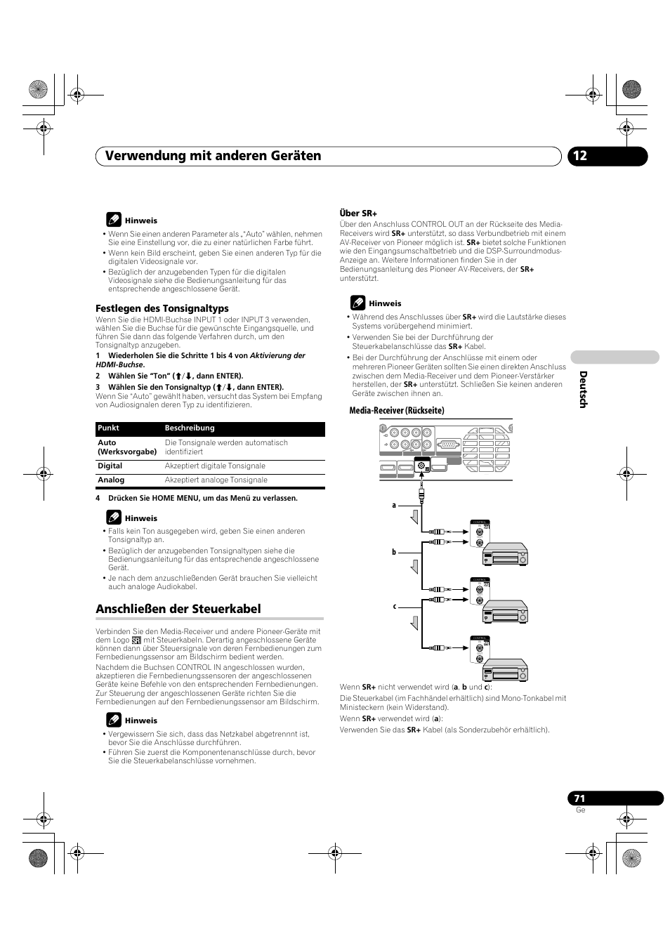 Anschließen der steuerkabel, Verwendung mit anderen geräten 12, De utsch | Festlegen des tonsignaltyps, Media-receiver (rückseite) | Pioneer KRP-600A User Manual | Page 305 / 345
