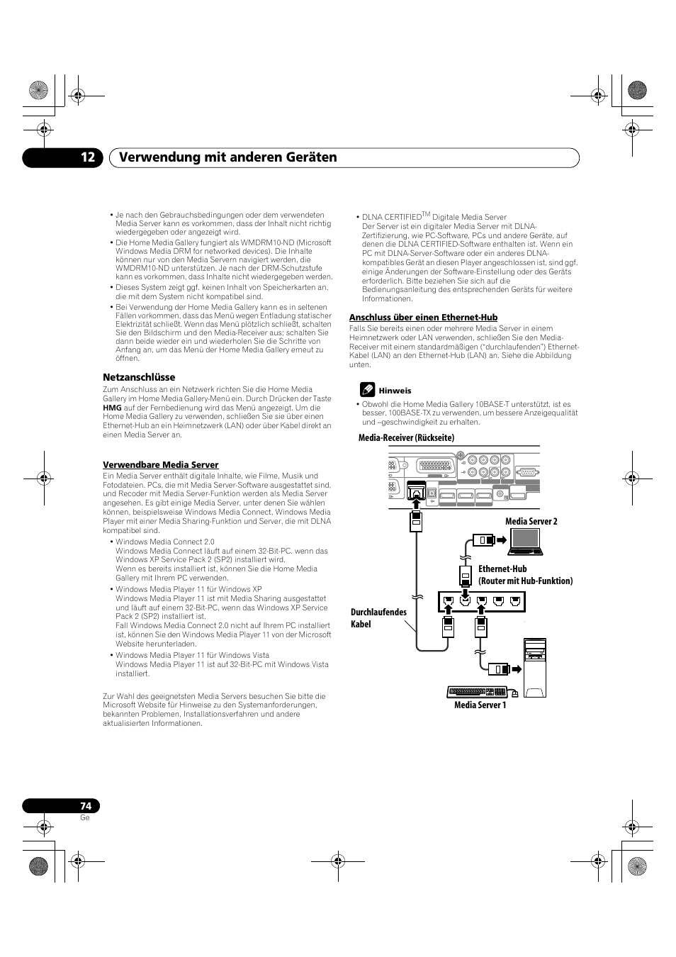 Verwendung mit anderen geräten 12, Netzanschlüsse, Verwendbare media server | Anschluss über einen ethernet-hub | Pioneer KRP-600A User Manual | Page 308 / 345