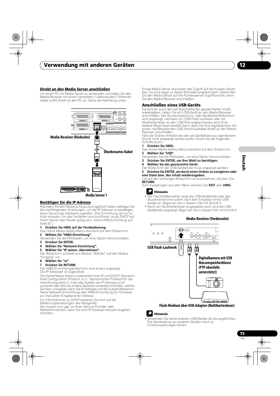 Verwendung mit anderen geräten 12, De utsch, Anschließen eines usb-geräts | Direkt an den media server anschließen, Bestätigen sie die ip-adresse | Pioneer KRP-600A User Manual | Page 309 / 345