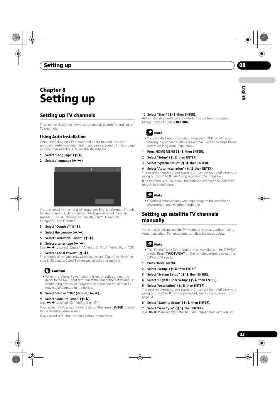 08 setting up, Setting up, Setting up 08 | Chapter 8, Setting up tv channels, Setting up satellite tv channels manually | Pioneer KRP-600A User Manual | Page 33 / 345