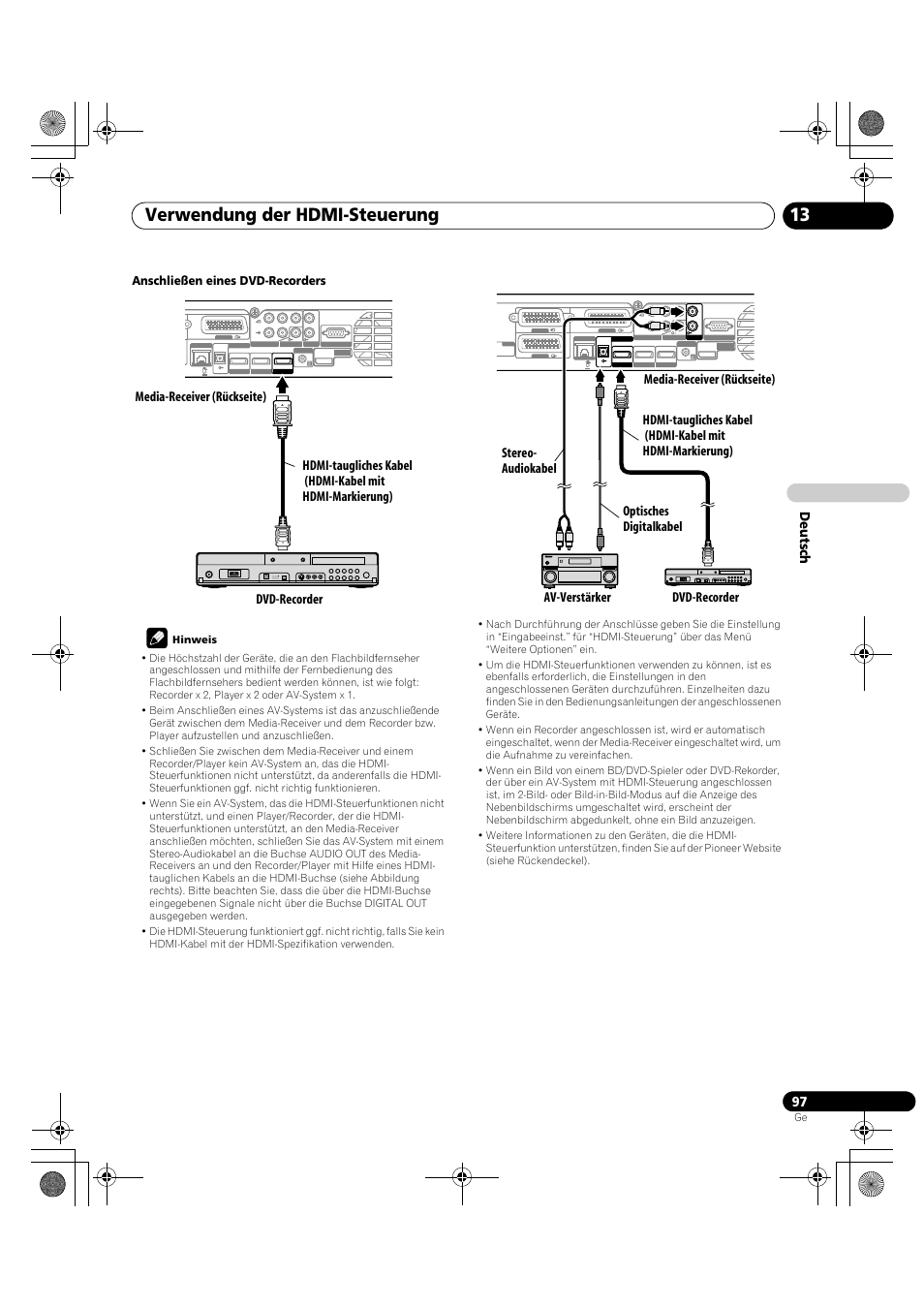 Verwendung der hdmi-steuerung 13, De utsch, Anschließen eines dvd-recorders | Pioneer KRP-600A User Manual | Page 331 / 345