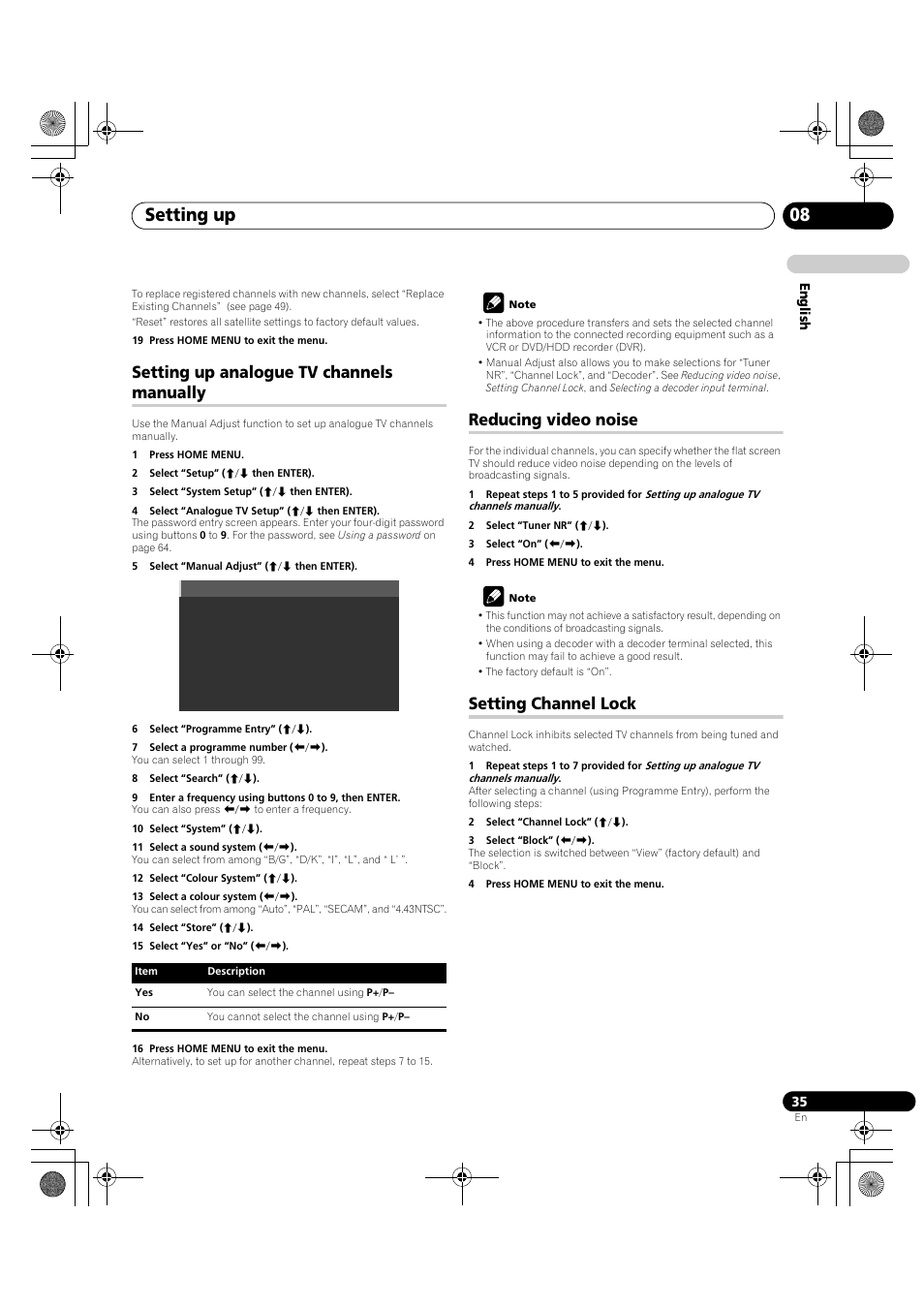 Setting up 08, Setting up analogue tv channels manually, Reducing video noise | Setting channel lock | Pioneer KRP-600A User Manual | Page 35 / 345