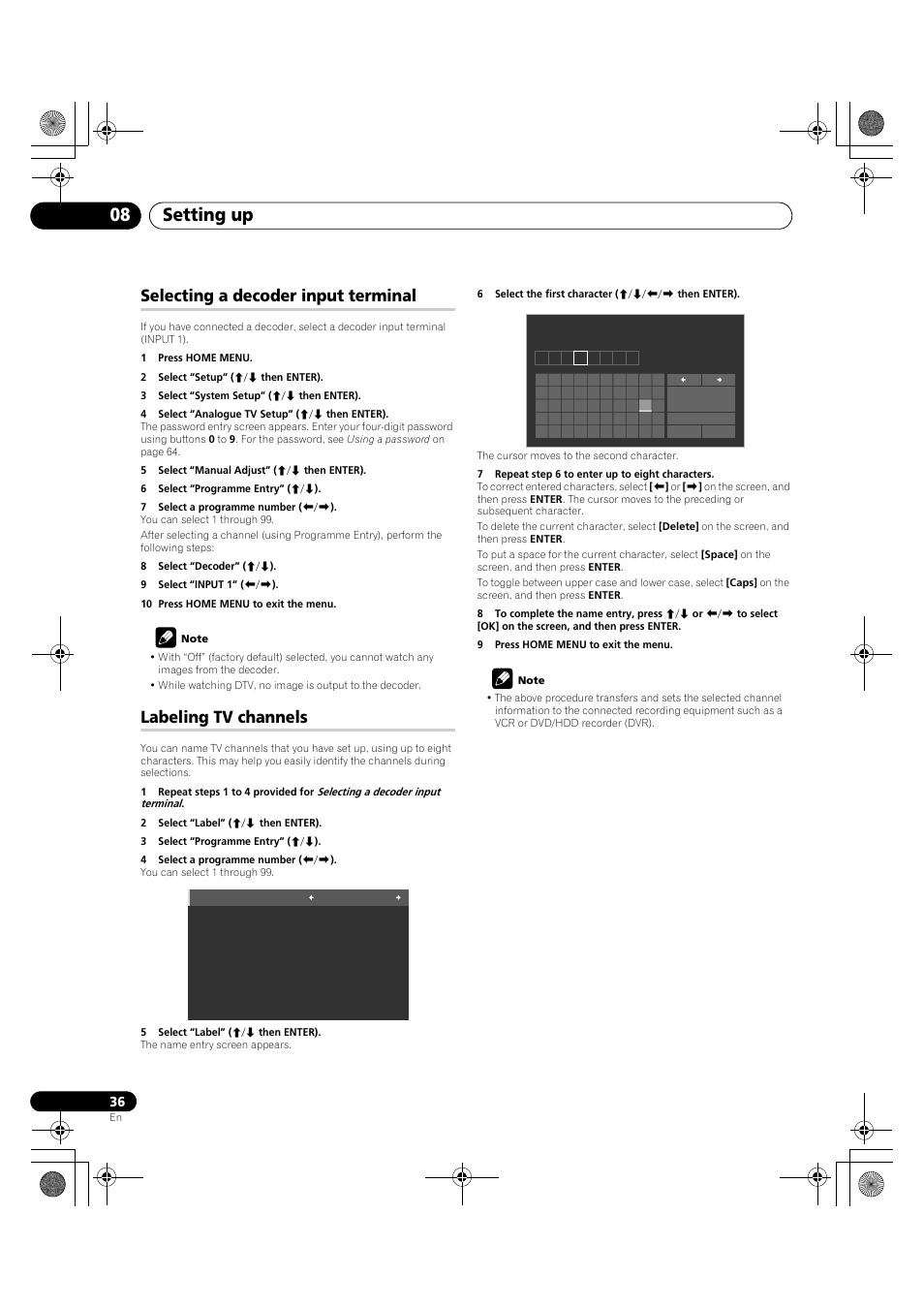 Setting up 08, Selecting a decoder input terminal, Labeling tv channels | Pioneer KRP-600A User Manual | Page 36 / 345