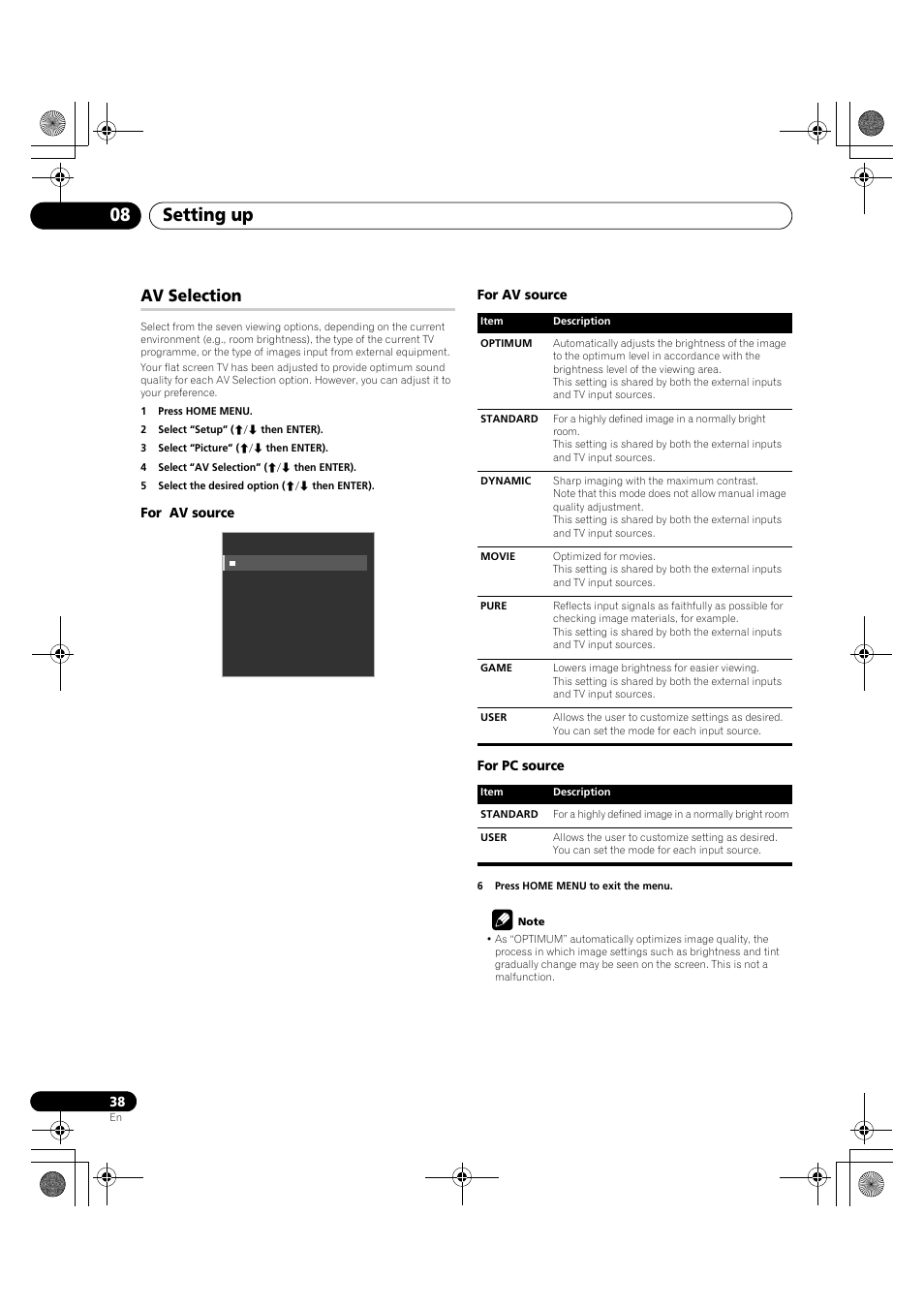 Av selection, Setting up 08 | Pioneer KRP-600A User Manual | Page 38 / 345